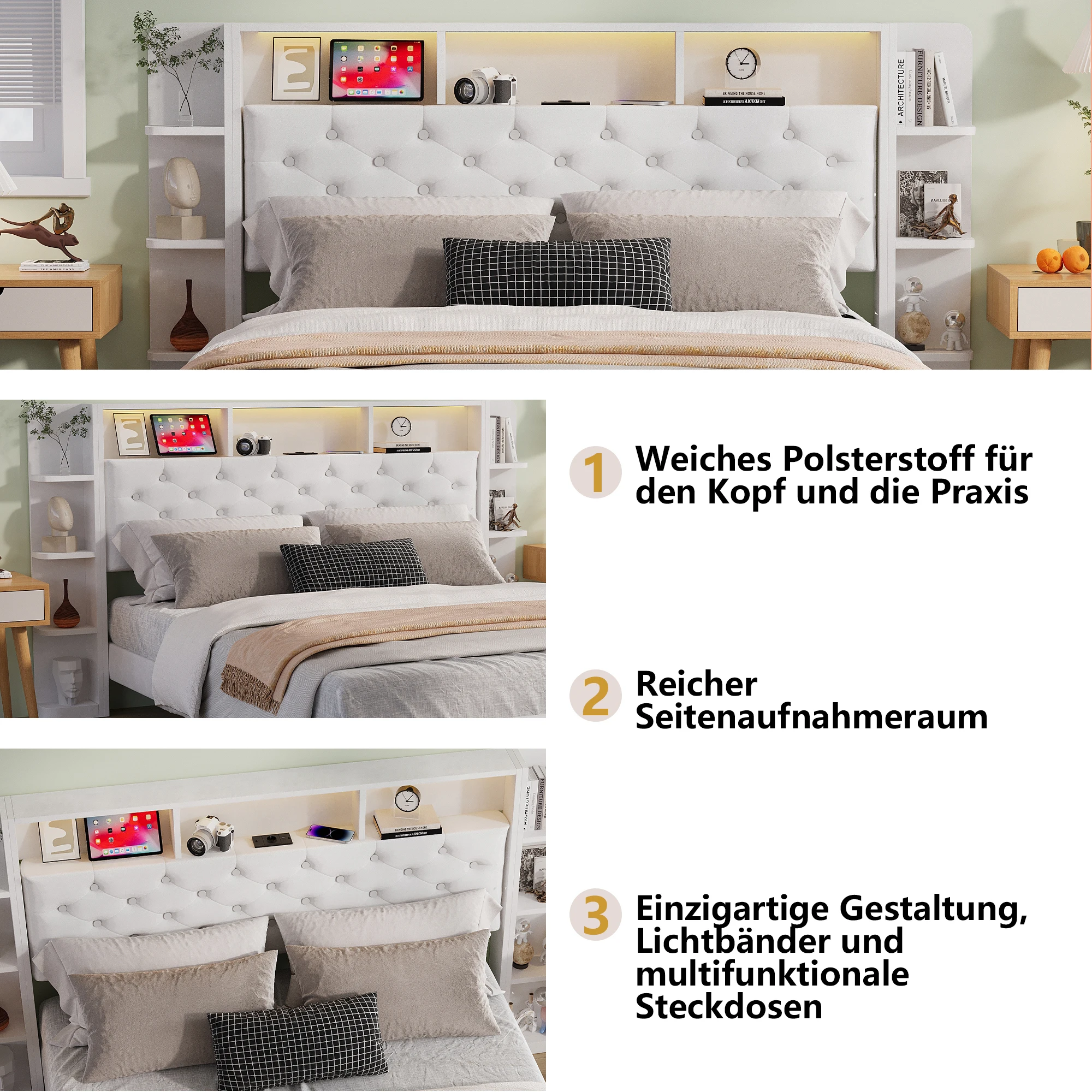 Anajqaqia 160 x 200 cm Upholstered Bed,Headboard with Storage and USB and Type-C Ports,2 Drawers,Double Bed,Velvet,White