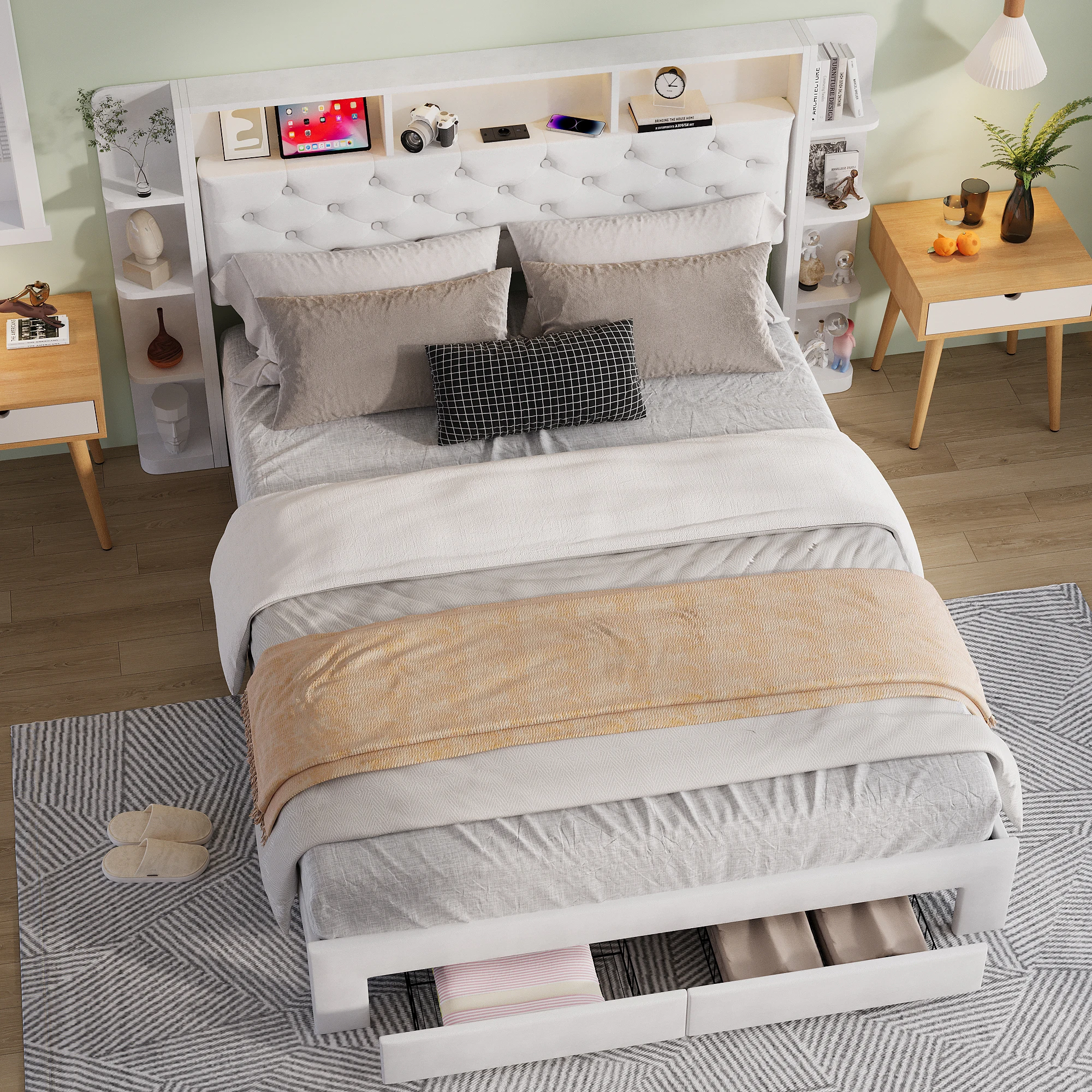 Anajqaqia 160 x 200 cm Upholstered Bed,Headboard with Storage and USB and Type-C Ports,2 Drawers,Double Bed,Velvet,White