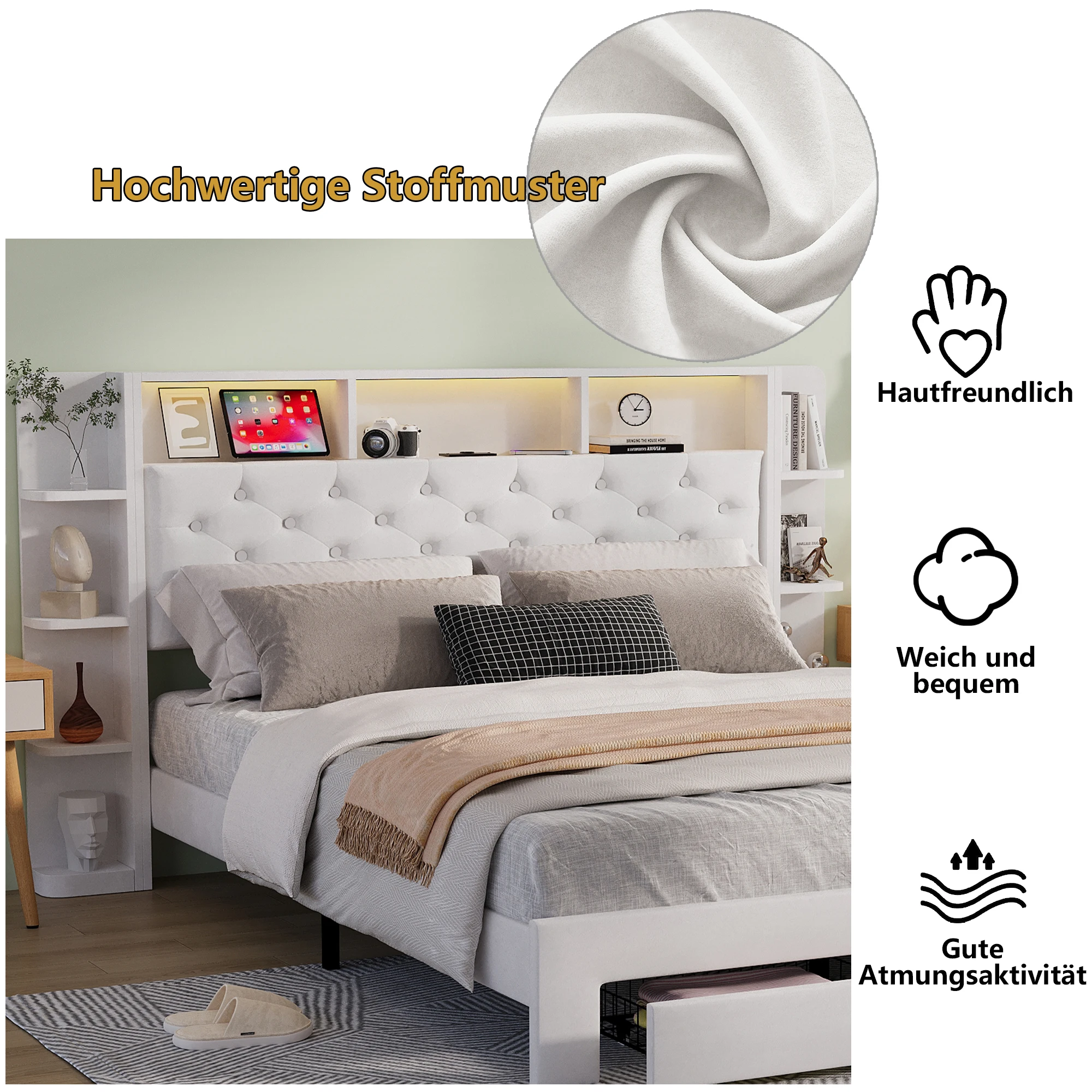 Anajqaqia 160 x 200 cm Upholstered Bed,Headboard with Storage and USB and Type-C Ports,2 Drawers,Double Bed,Velvet,White