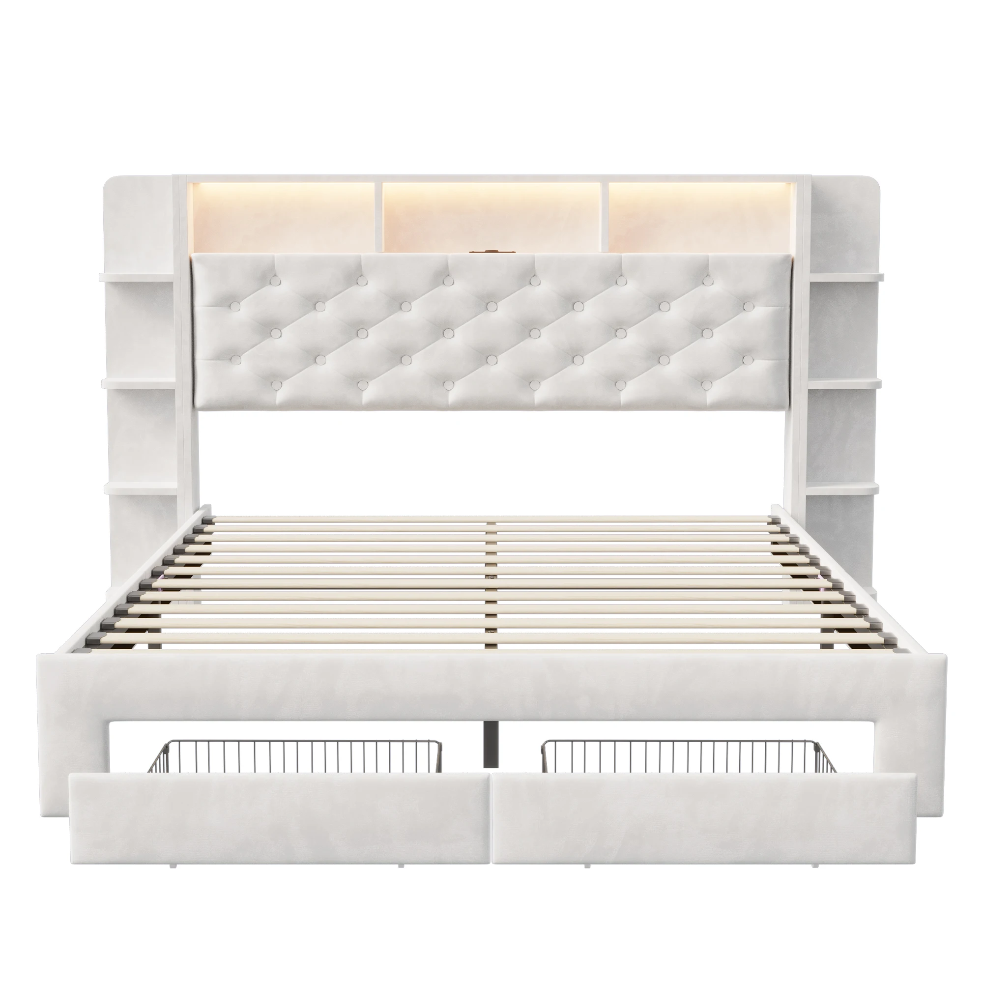 Anajqaqia 160 x 200 cm Upholstered Bed,Headboard with Storage and USB and Type-C Ports,2 Drawers,Double Bed,Velvet,White