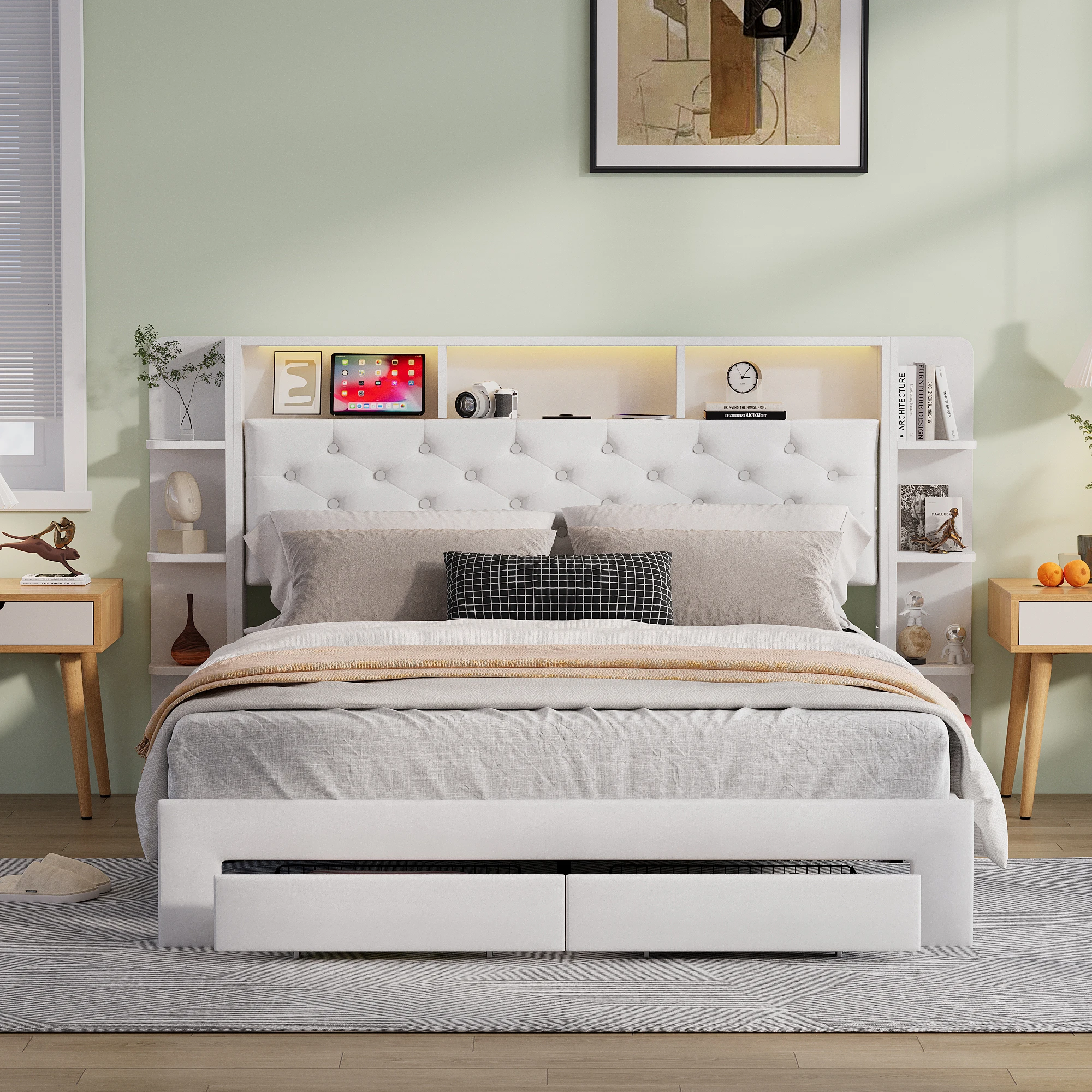 Anajqaqia 160 x 200 cm Upholstered Bed,Headboard with Storage and USB and Type-C Ports,2 Drawers,Double Bed,Velvet,White