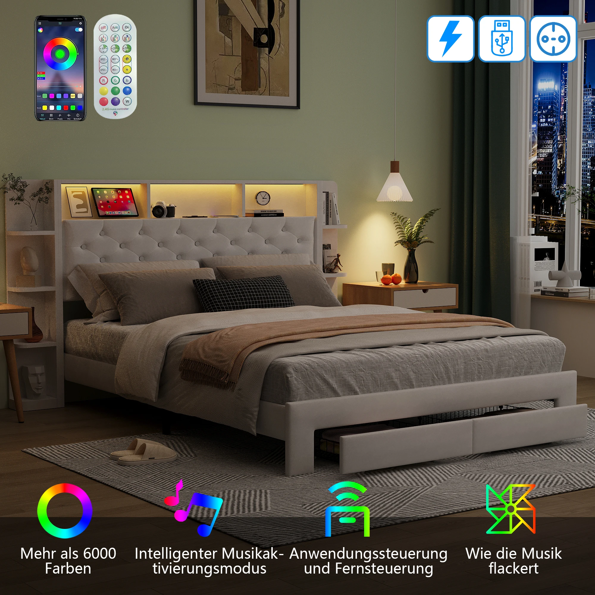 Anajqaqia 160 x 200 cm Upholstered Bed,Headboard with Storage and USB and Type-C Ports,2 Drawers,Double Bed,Velvet,White