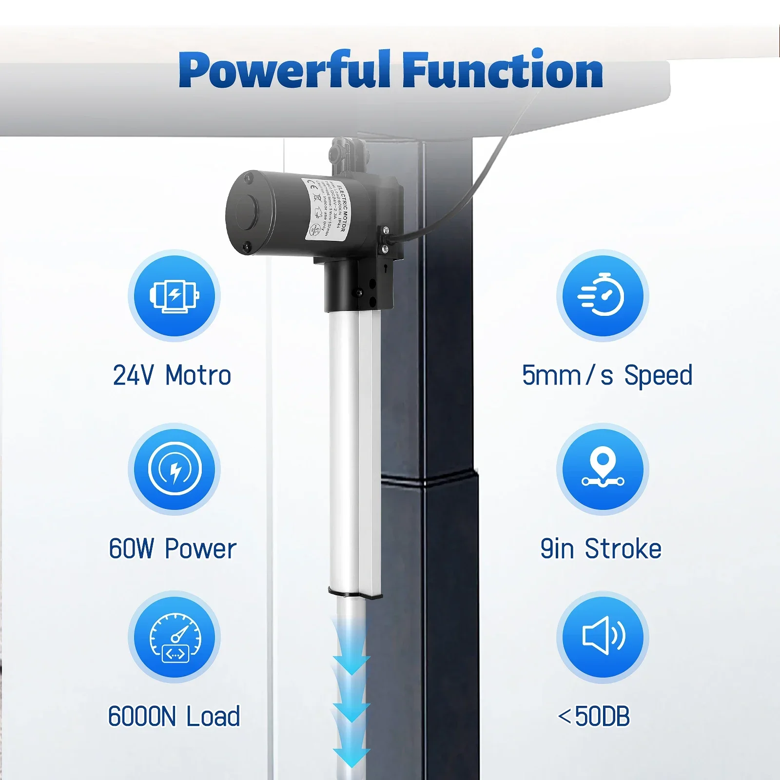Durable Linear Actuator, 6000N Load Capacity, 24V Motor, 9-inch Stroke for Compact Installations