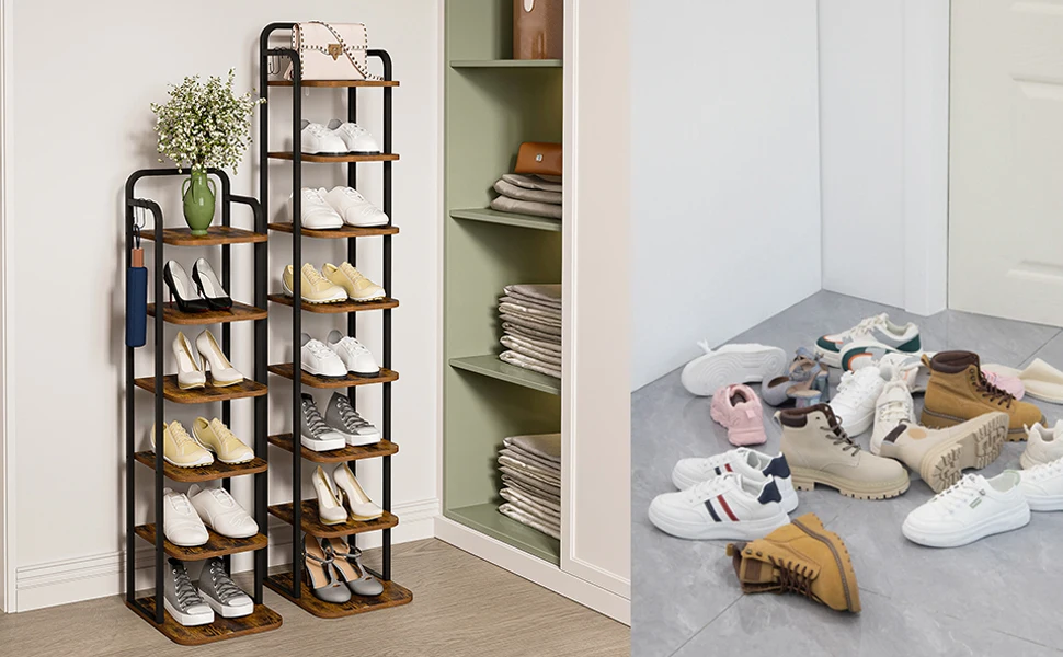 Vertical Shoe Rack, Shoe Shelves, Wood Shoe Organizer for Closet, Entryway, Shoe Tower for Small Spaces, Free Standing