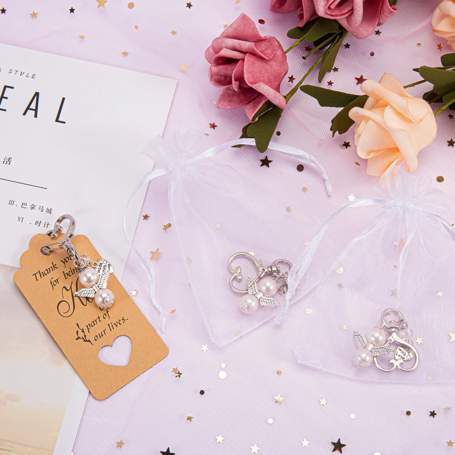 20 Sets Angel Pendant Keychain White Organza Gift Bags Thank You Tags for Wedding Decorations Favors Souvenir Keychain Gift Set