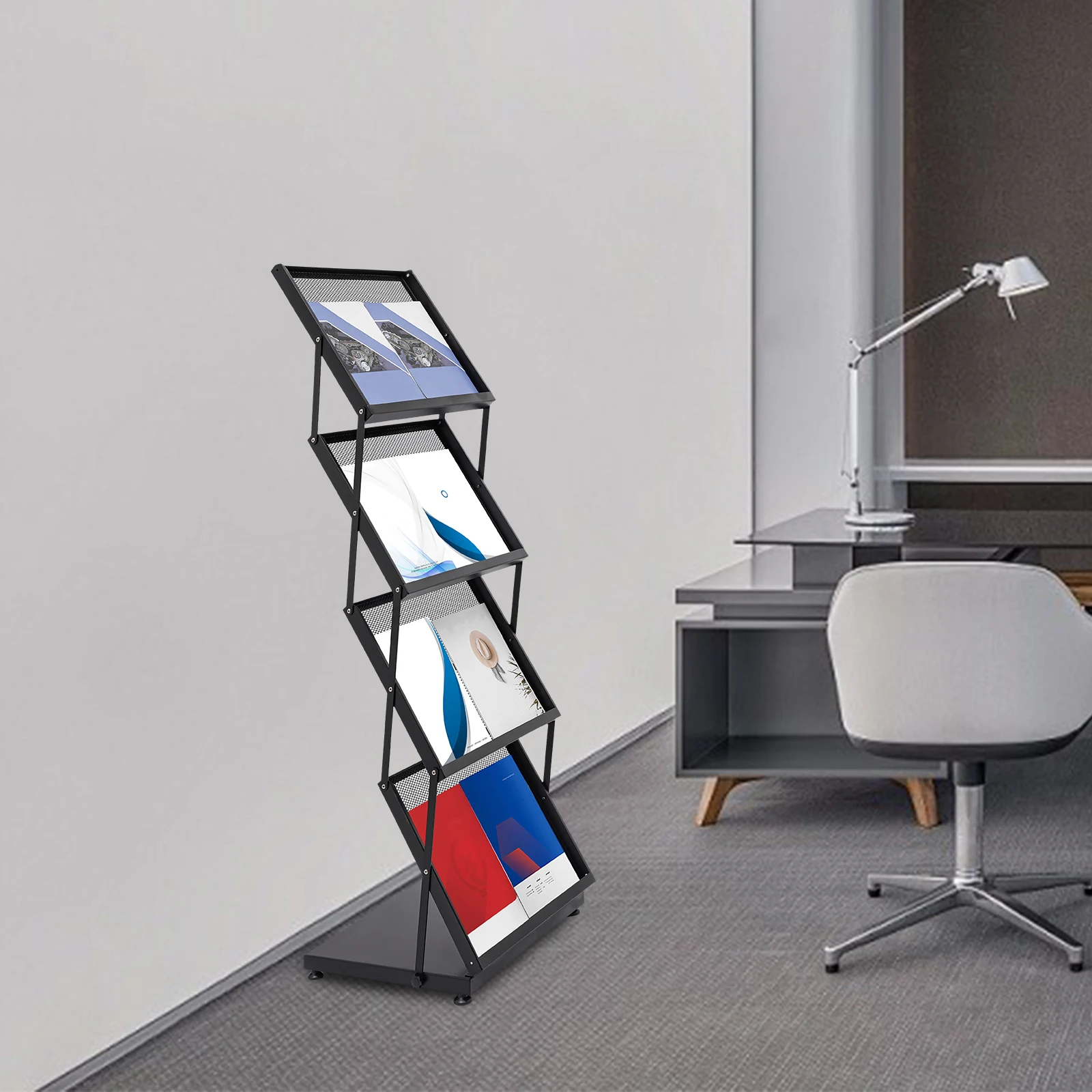 4-Tier Brochure Display Rack Floor Standing Foldable Magazine Stand Modern Iron A3 Book Shelf Black Grid style