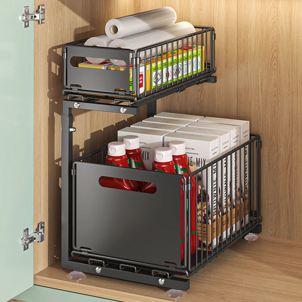 Slide-Out Storage Rack Cabinet Pull-Out Storage Basket Height Adjustable Kitchen Storage Rack 2 Tier Spice Rack Cutlery Rack