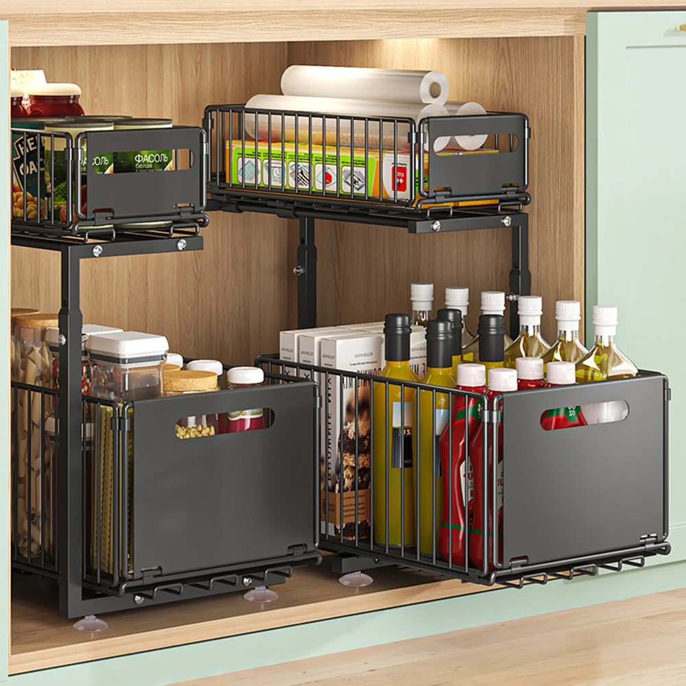 Slide-Out Storage Rack Cabinet Pull-Out Storage Basket Height Adjustable Kitchen Storage Rack 2 Tier Spice Rack Cutlery Rack