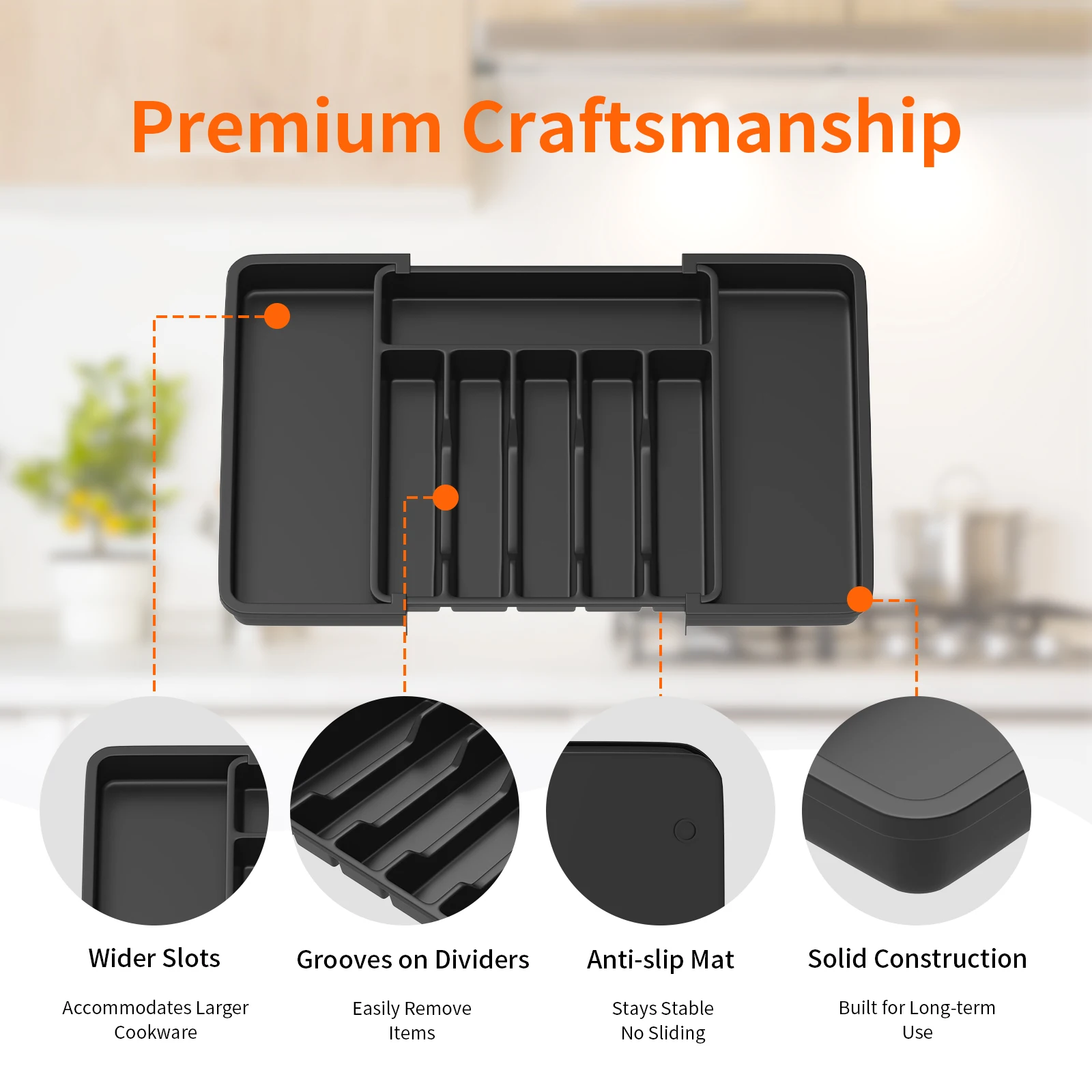 Cutlery Tray Utensil Drawer Organiser, Expandable Storage Tray for Kitchen,with 6 to 8 Compartments Large Capacity,Black
