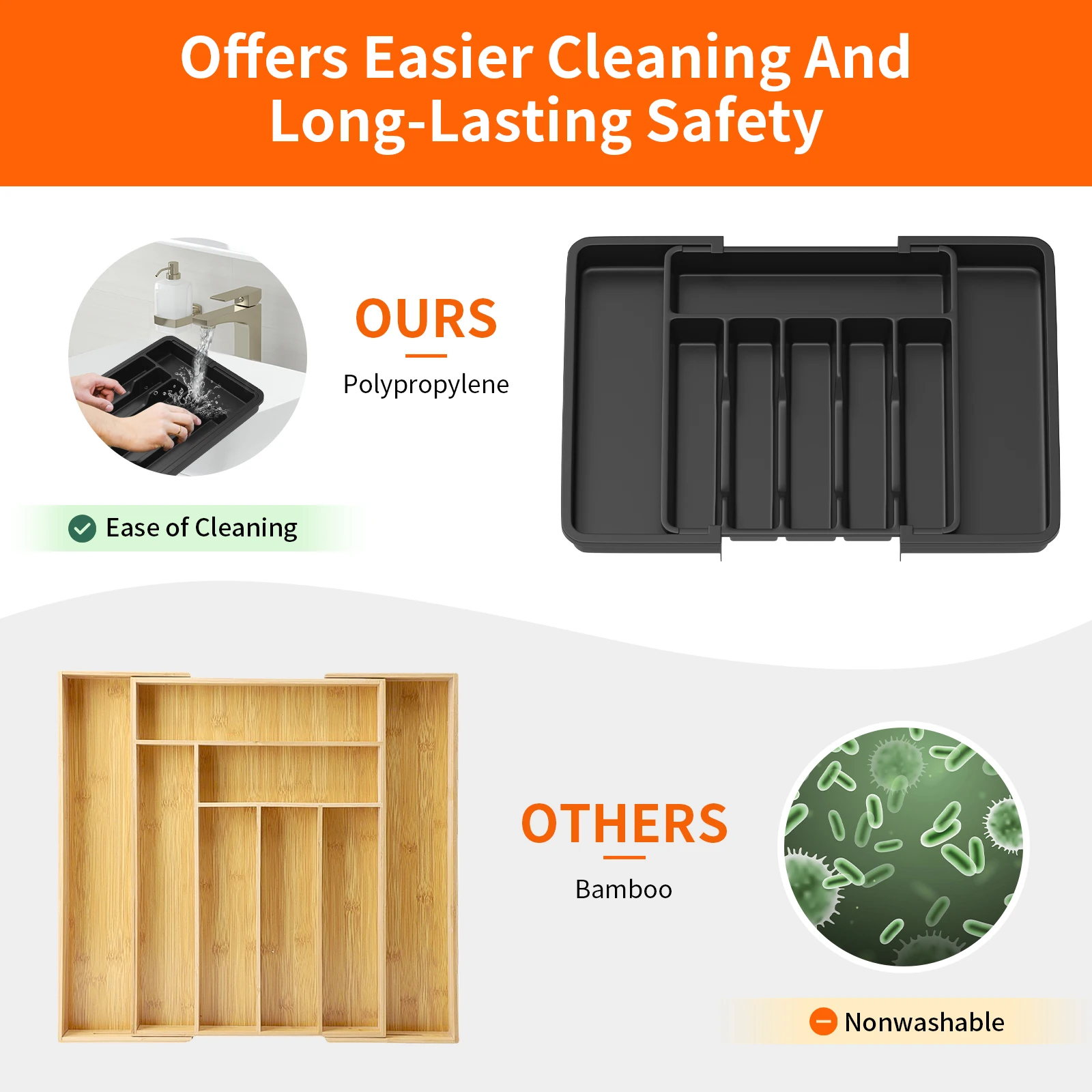 Cutlery Tray Utensil Drawer Organiser, Expandable Storage Tray for Kitchen,with 6 to 8 Compartments Large Capacity,Black