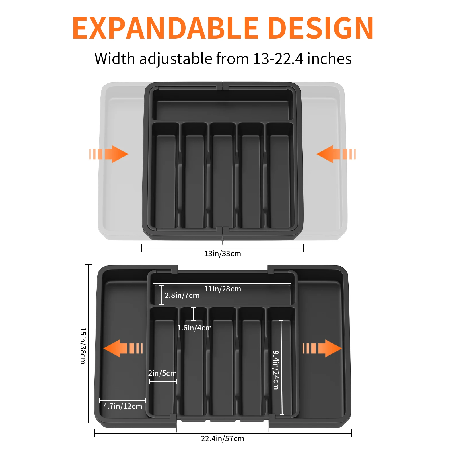 Cutlery Tray Utensil Drawer Organiser, Expandable Storage Tray for Kitchen,with 6 to 8 Compartments Large Capacity,Black
