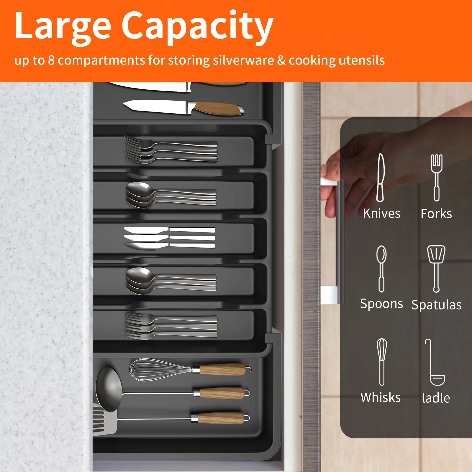 Cutlery Tray Utensil Drawer Organiser, Expandable Storage Tray for Kitchen,with 6 to 8 Compartments Large Capacity,Black