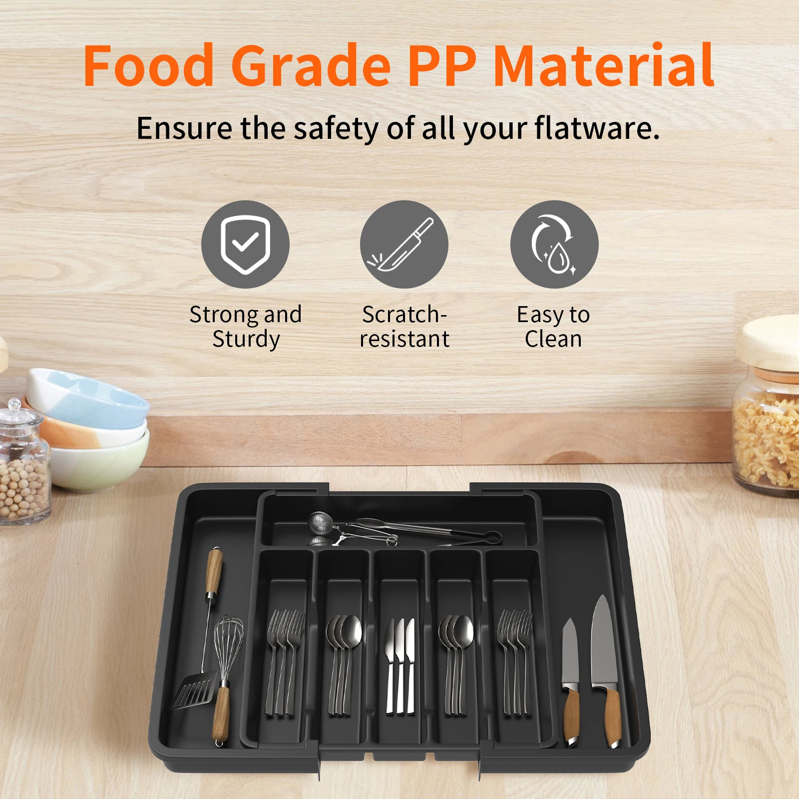 Cutlery Tray Utensil Drawer Organiser, Expandable Storage Tray for Kitchen,with 6 to 8 Compartments Large Capacity,Black