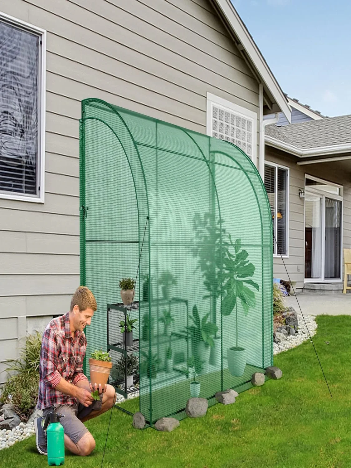 Foil Greenhouse with Flower Shelf,Tomato Greenhouse with PE Grid Film,Greenhouse with 2 Roll-up Doors,198.5 x 98 x 215 cm,Green