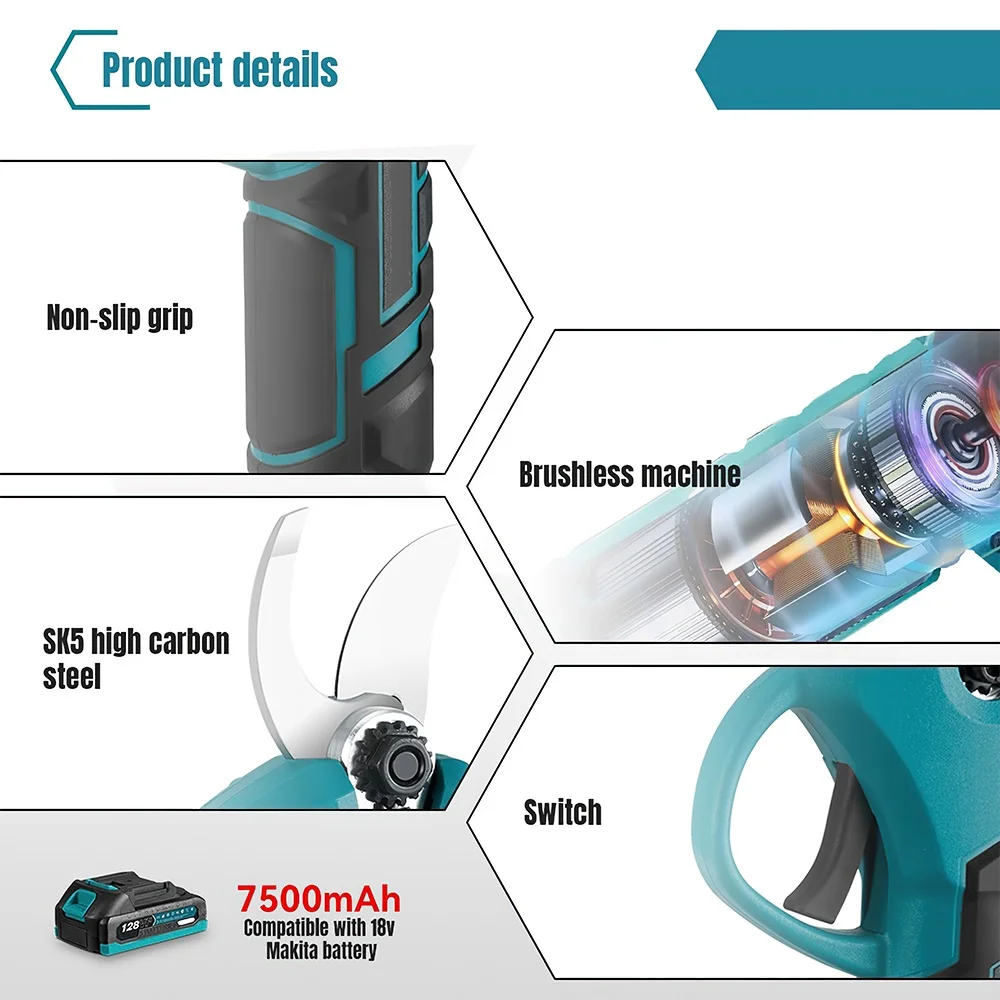 30mm Brushless Electric Pruning Shears 2 Gears Cordless Rechargeable Fruit Tree Bonsai Pruning Power Tool For Makita 18V Battery
