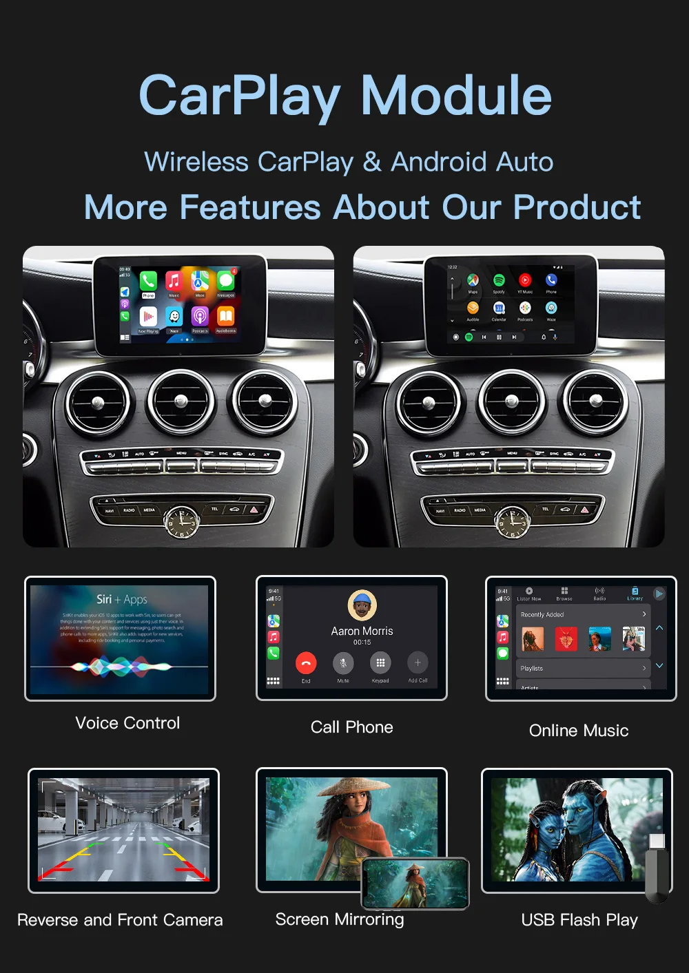 CarPlay sans fil pour Mercedes Benz, Classe GLC CLA GLA classe C W205 NTG5.0 2015 – 2018，prise en charge Android Auto Mirrorlink