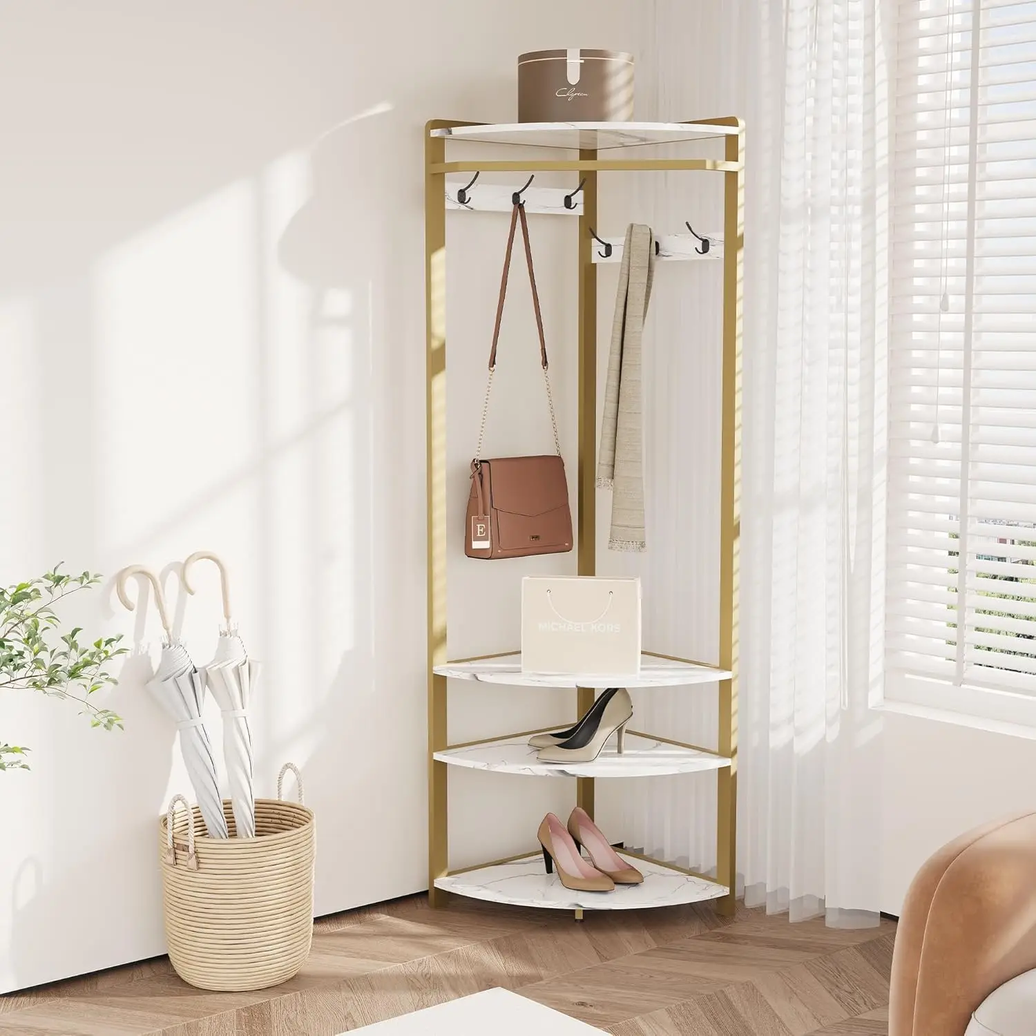 Corner Coat Rack with Shoe Bench and 6 Double Hooks Corner Hall Tree Storage Organizer Shoe Bench Shelf for Entryway Hallway