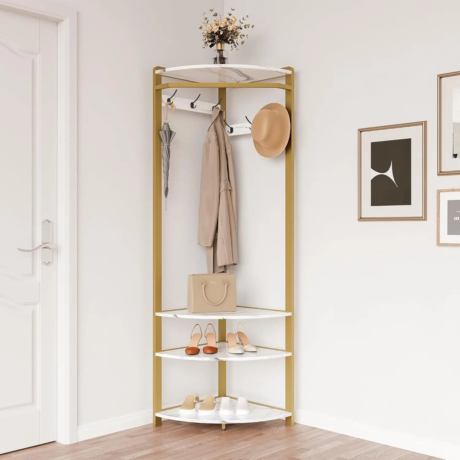 Corner Coat Rack with Shoe Bench and 6 Double Hooks Corner Hall Tree Storage Organizer Shoe Bench Shelf for Entryway Hallway