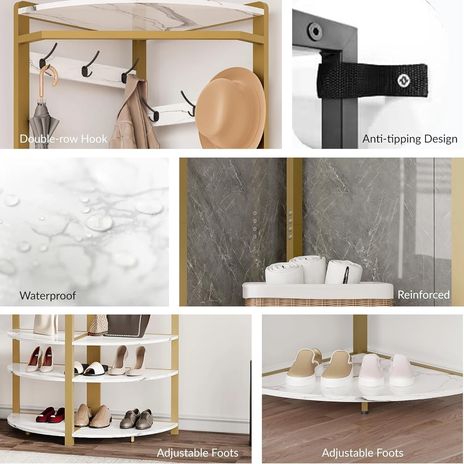 Corner Coat Rack with Shoe Bench and 6 Double Hooks Corner Hall Tree Storage Organizer Shoe Bench Shelf for Entryway Hallway