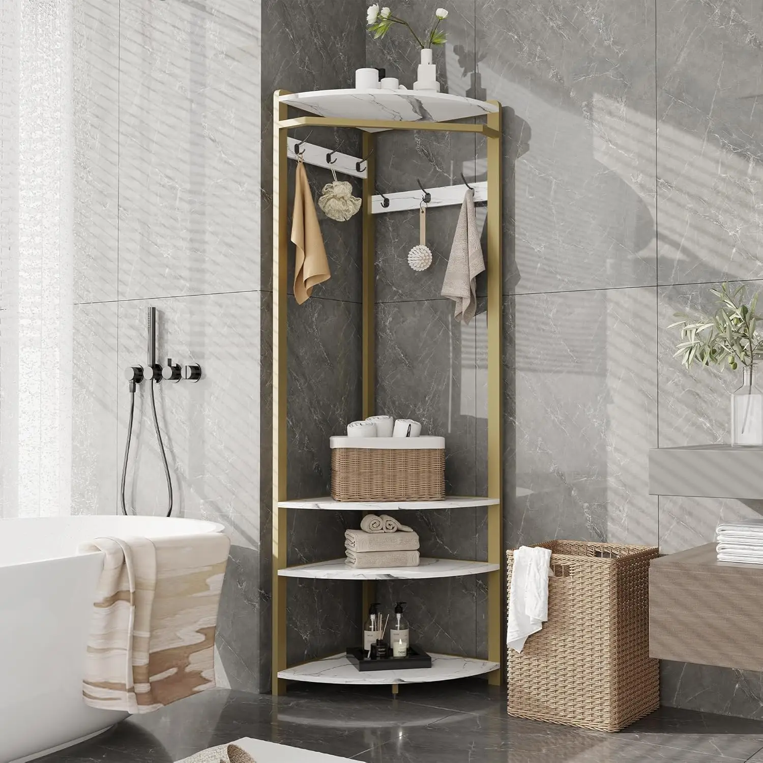 Corner Coat Rack with Shoe Bench and 6 Double Hooks Corner Hall Tree Storage Organizer Shoe Bench Shelf for Entryway Hallway