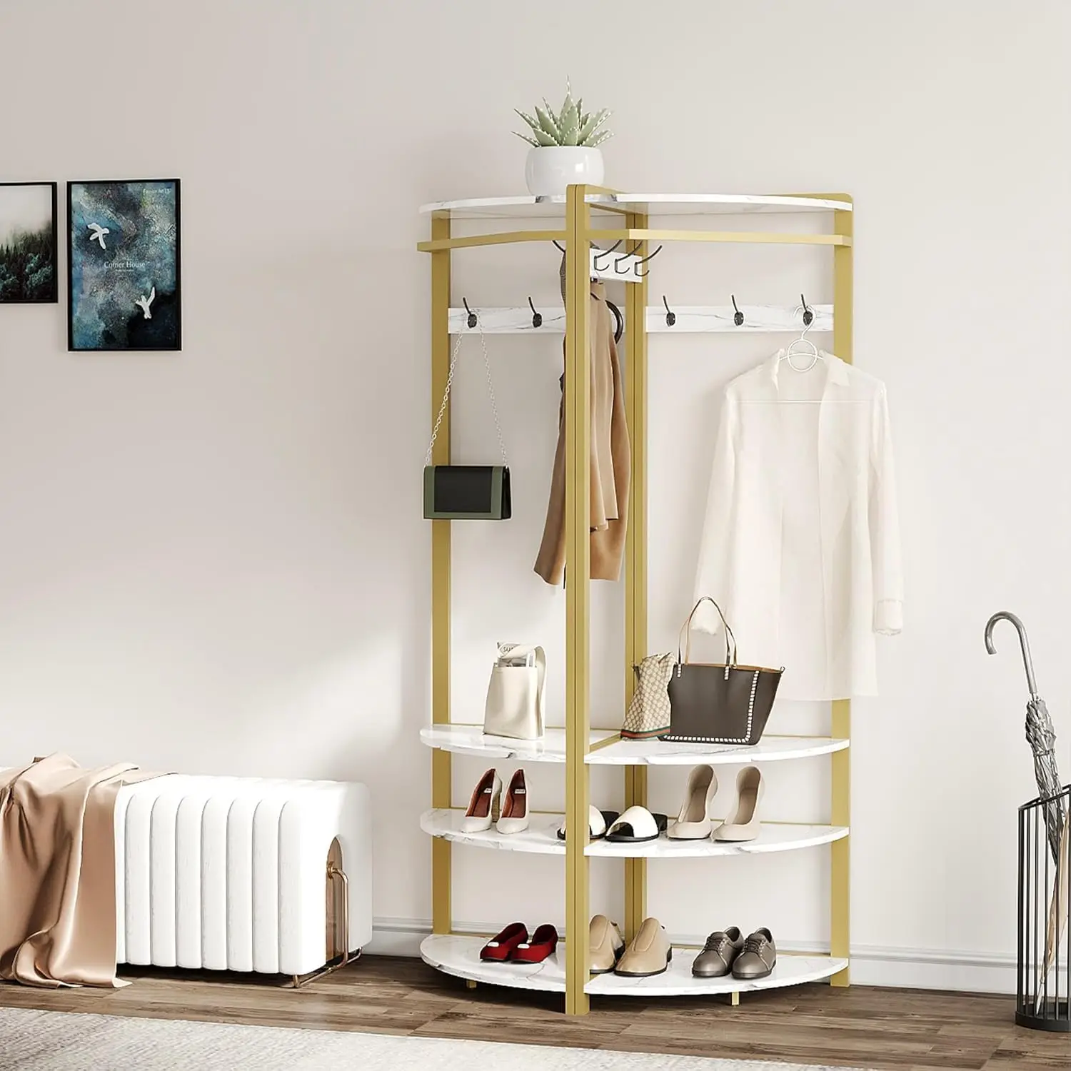Corner Coat Rack with Shoe Bench and 6 Double Hooks Corner Hall Tree Storage Organizer Shoe Bench Shelf for Entryway Hallway