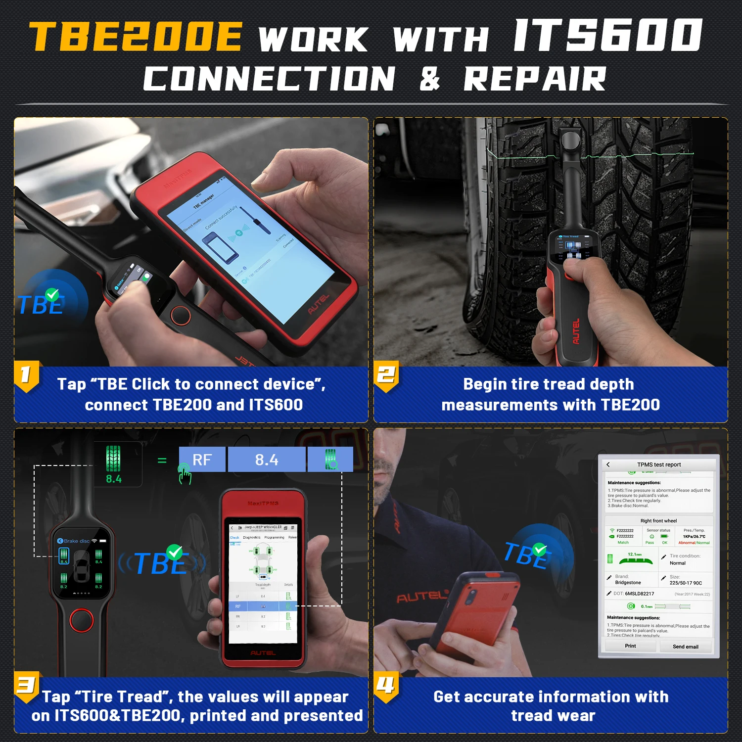 Autel MaxiTPMS TBE200E Tire Diagnostic Scanner Car Tool Laser Tire Tread Depth & Brake Disc Wear 2in1 Tester Perform with ITS600