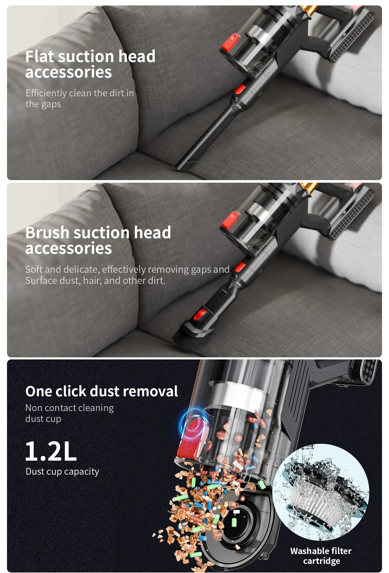 40kPa Brushless Motor Vacuum Cleaner 3 Gear Adjustment 1.2L LED Various Suction Head Accessories 50min 650W Vacuum Cleaners