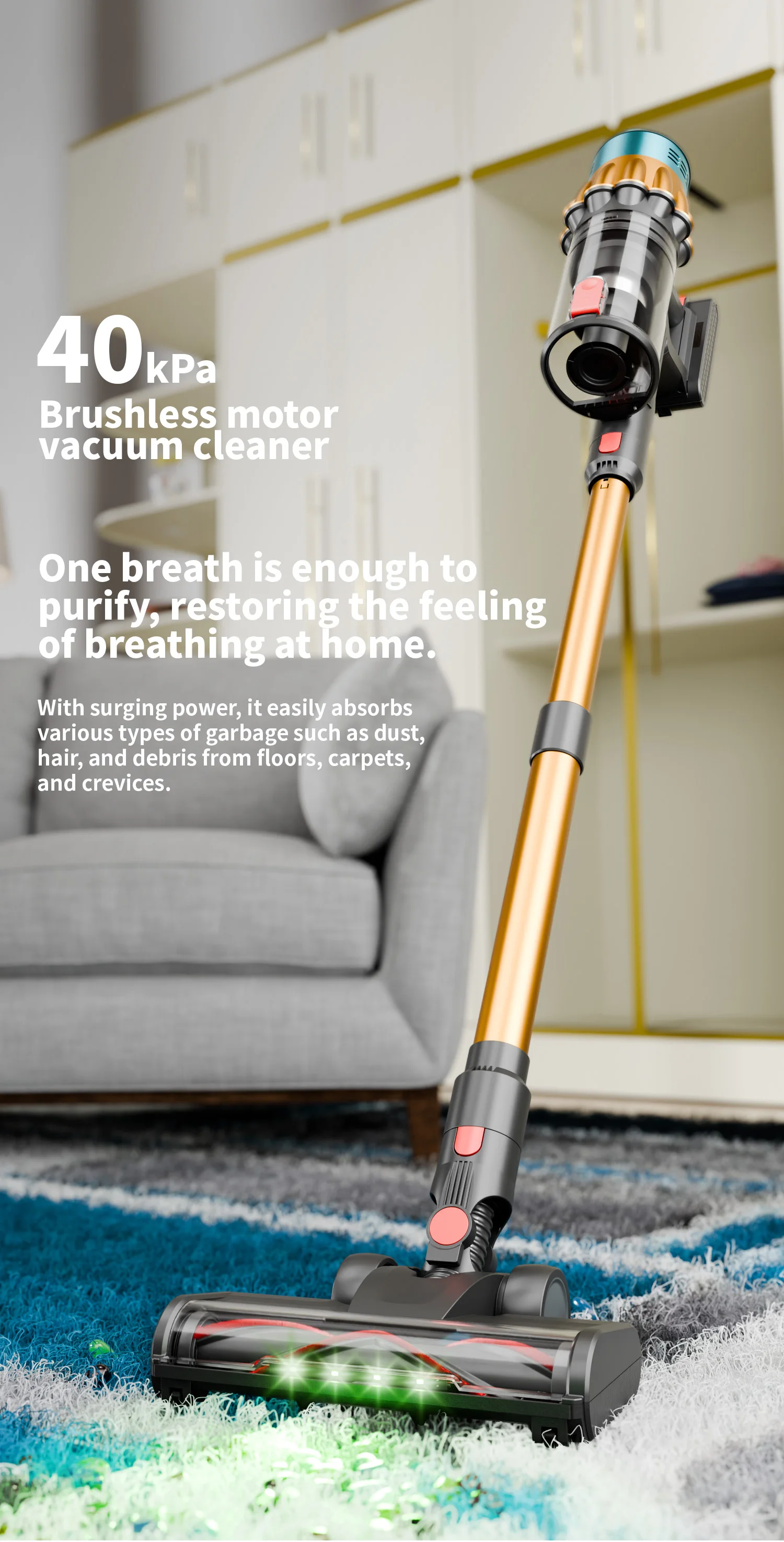 40kPa Brushless Motor Vacuum Cleaner 3 Gear Adjustment 1.2L LED Various Suction Head Accessories 50min 650W Vacuum Cleaners