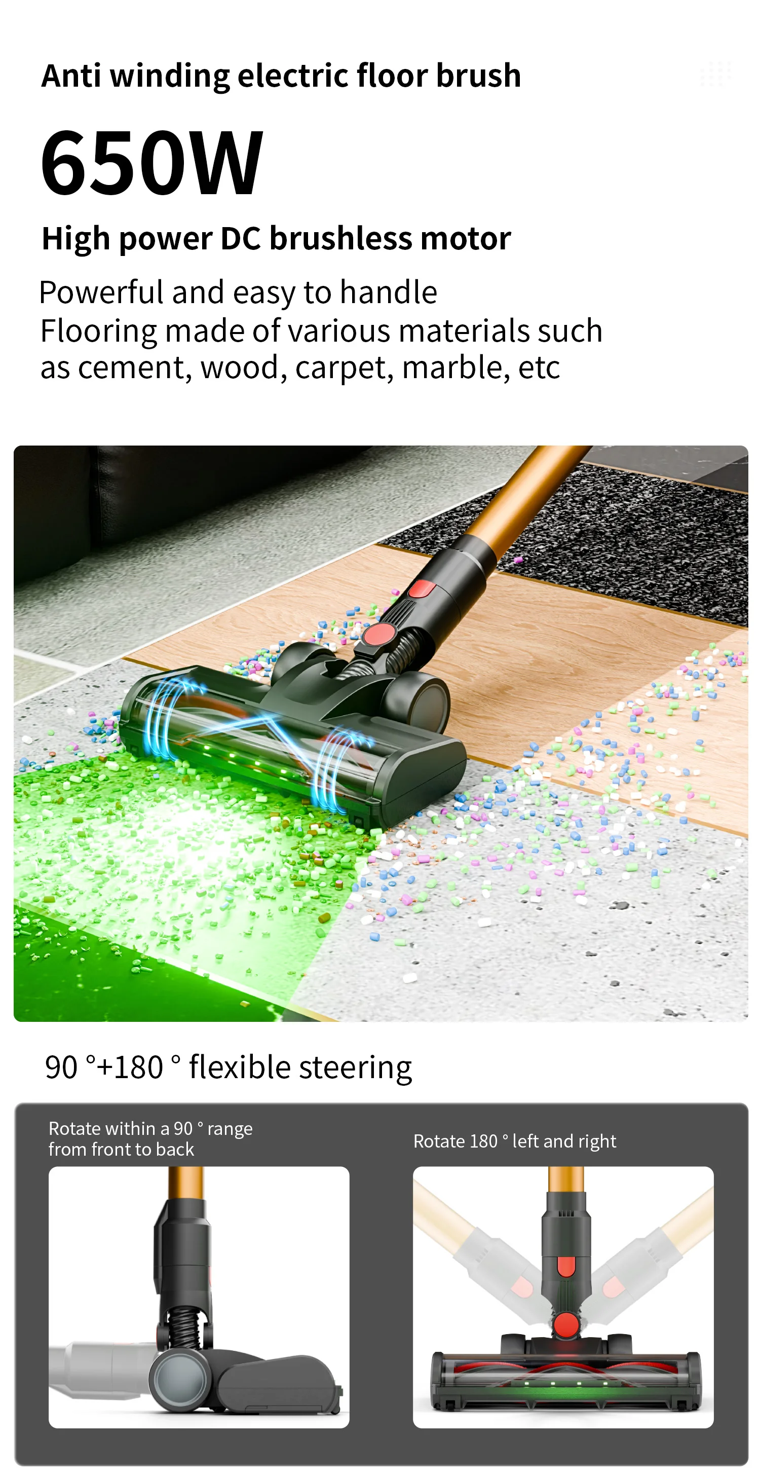 40kPa Brushless Motor Vacuum Cleaner 3 Gear Adjustment 1.2L LED Various Suction Head Accessories 50min 650W Vacuum Cleaners