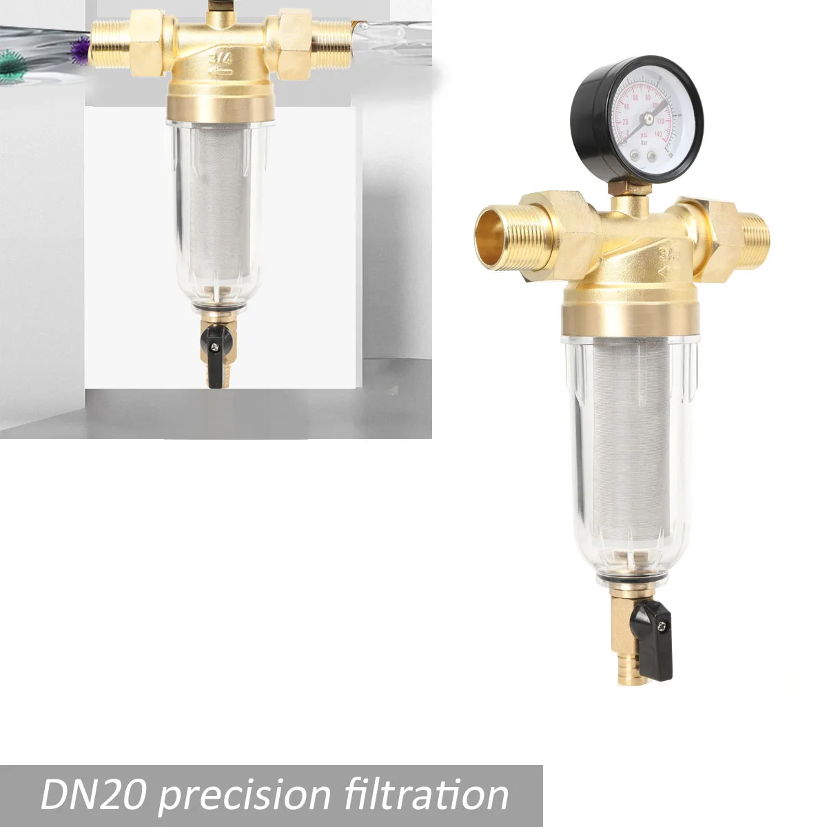 DN20 Spray Gun Air Pressure Regulator Gauge & In-Line Water Trap Air Filter 16 Bar