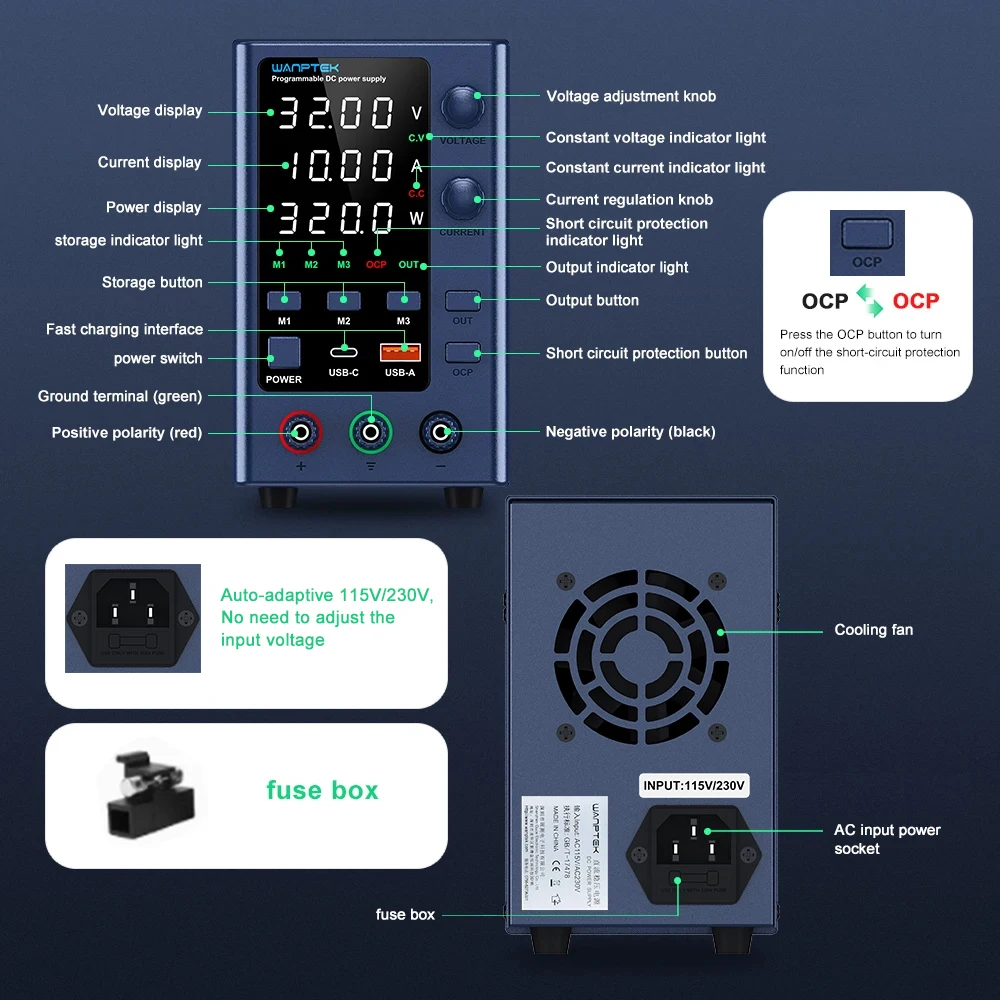 Wanptek 30V 10A Laboratory Power Supply Adjustable Voltage Current Encoder Adjustment with USB Fast Charging Lab DC Power Supply