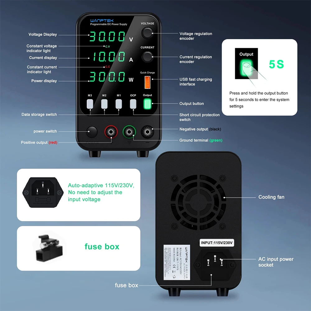 Wanptek 30V 10A Laboratory Power Supply Adjustable Voltage Current Encoder Adjustment with USB Fast Charging Lab DC Power Supply