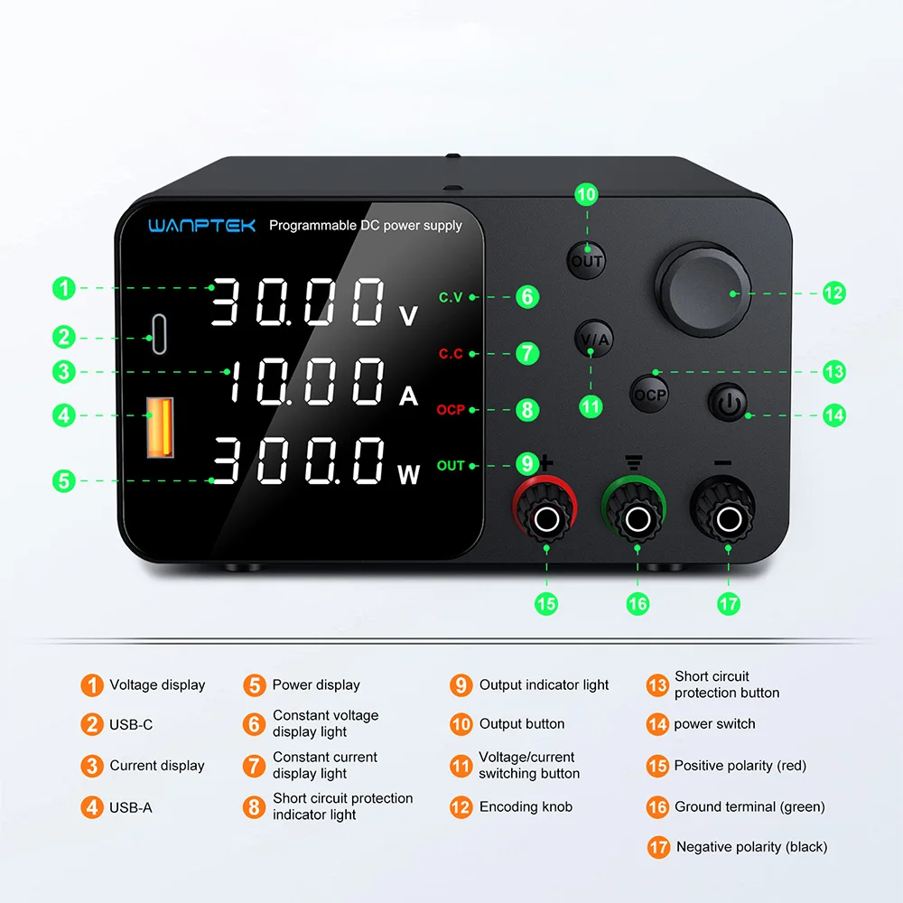 Wanptek 30V 10A Laboratory Power Supply Adjustable Voltage Current Encoder Adjustment with USB Fast Charging Lab DC Power Supply