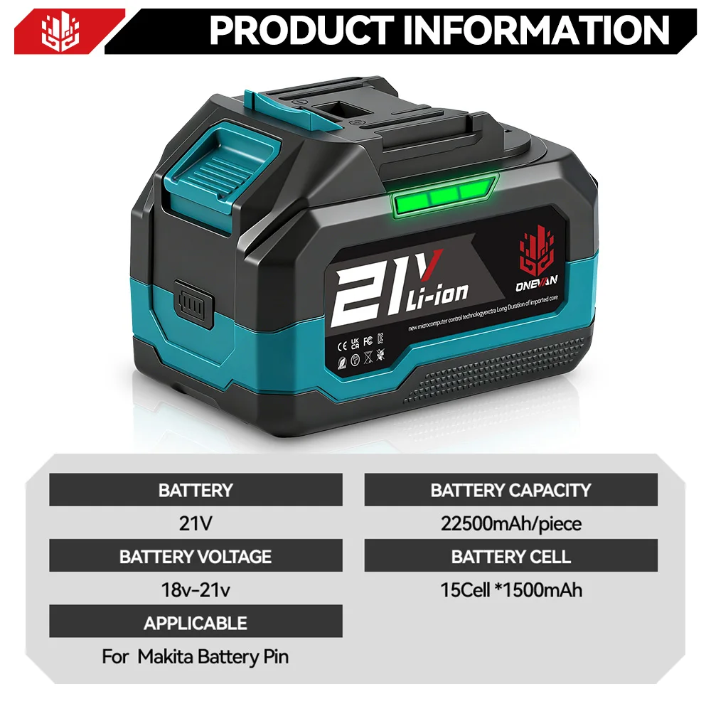 ONEVAN 18V-21V 22500mAh 15000mAh Lithium Ion Battery Rechargeable Battery With Charger For Electric Wrench Chainsaw Power Tool