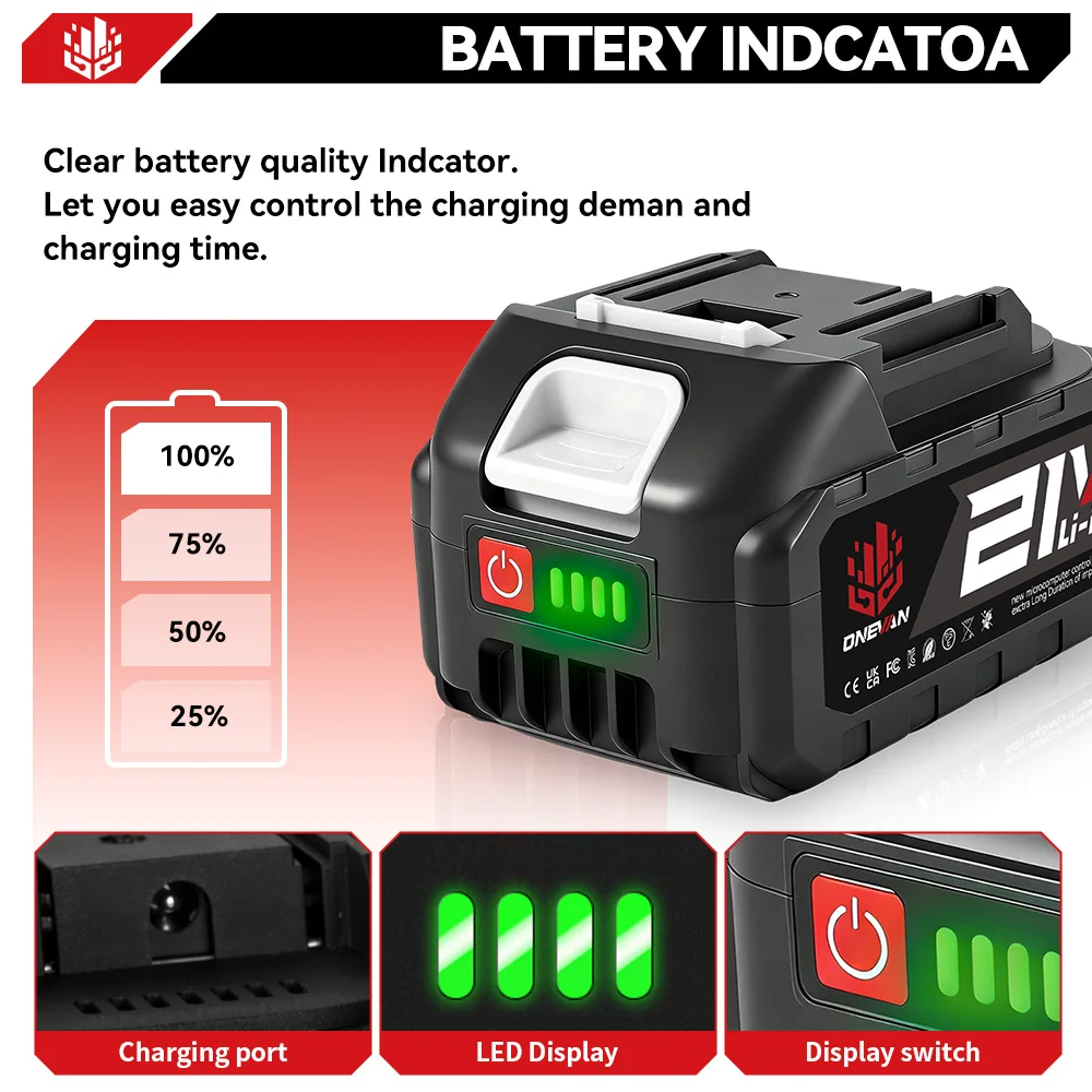 ONEVAN 18V-21V 22500mAh 15000mAh Lithium Ion Battery Rechargeable Battery With Charger For Electric Wrench Chainsaw Power Tool