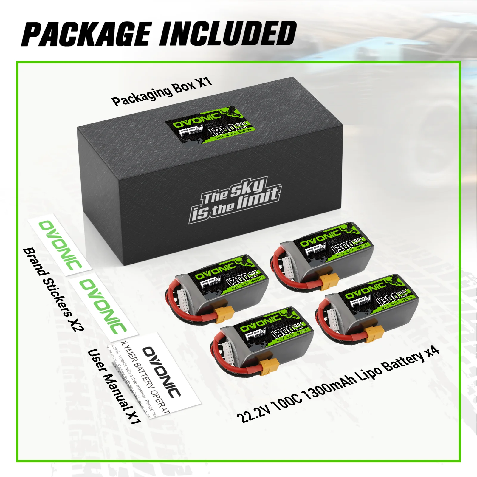 Ovonic 4S LiPo Battery Pack 1300mAh 100C 14.8V with XT60 Plug for FPV Protek 35 Racing Drone(4Packs)