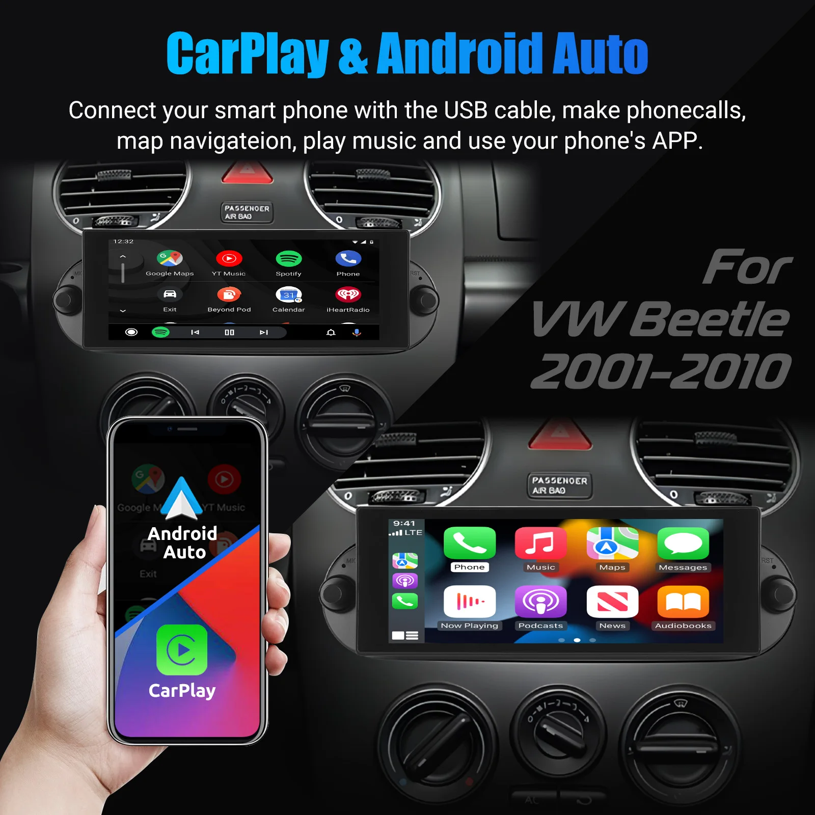 ESSGOO 64G 7" Android 14 Car Stereo Radio For VW Beetle 01-10 Carplay Android Auto GPS Navi FM WiFi BT SWC Mirror Link Head Unit