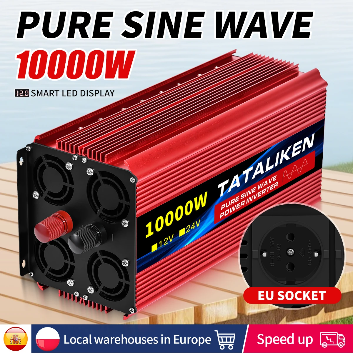 EU Socket 12V To AC 220V 50HZ Pure Sine Wave Inverter Car Power 1600W/6000W/10000W Voltage Portable Converter with LED