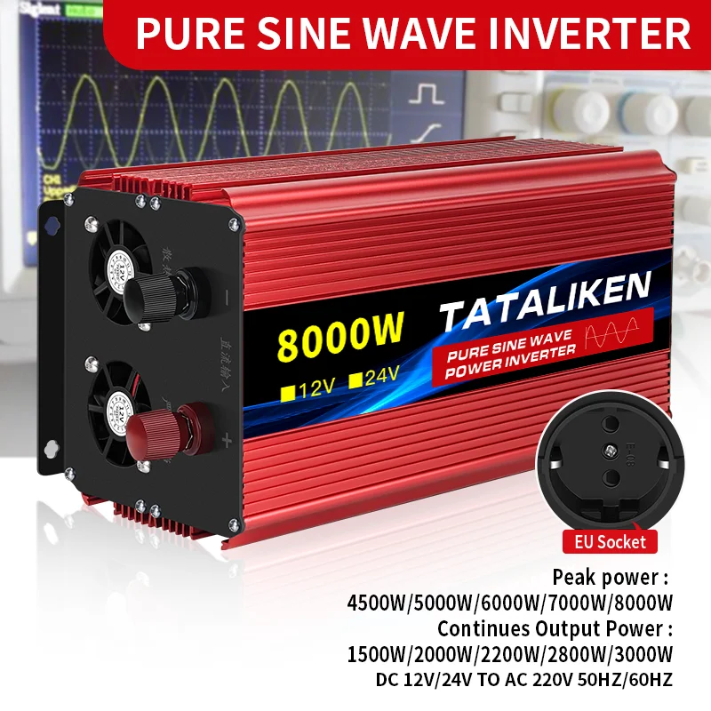 EU Socket 12V To AC 220V 50HZ Pure Sine Wave Inverter Car Power 1600W/6000W/10000W Voltage Portable Converter with LED