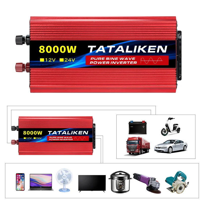 EU Socket 12V To AC 220V 50HZ Pure Sine Wave Inverter Car Power 1600W/6000W/10000W Voltage Portable Converter with LED