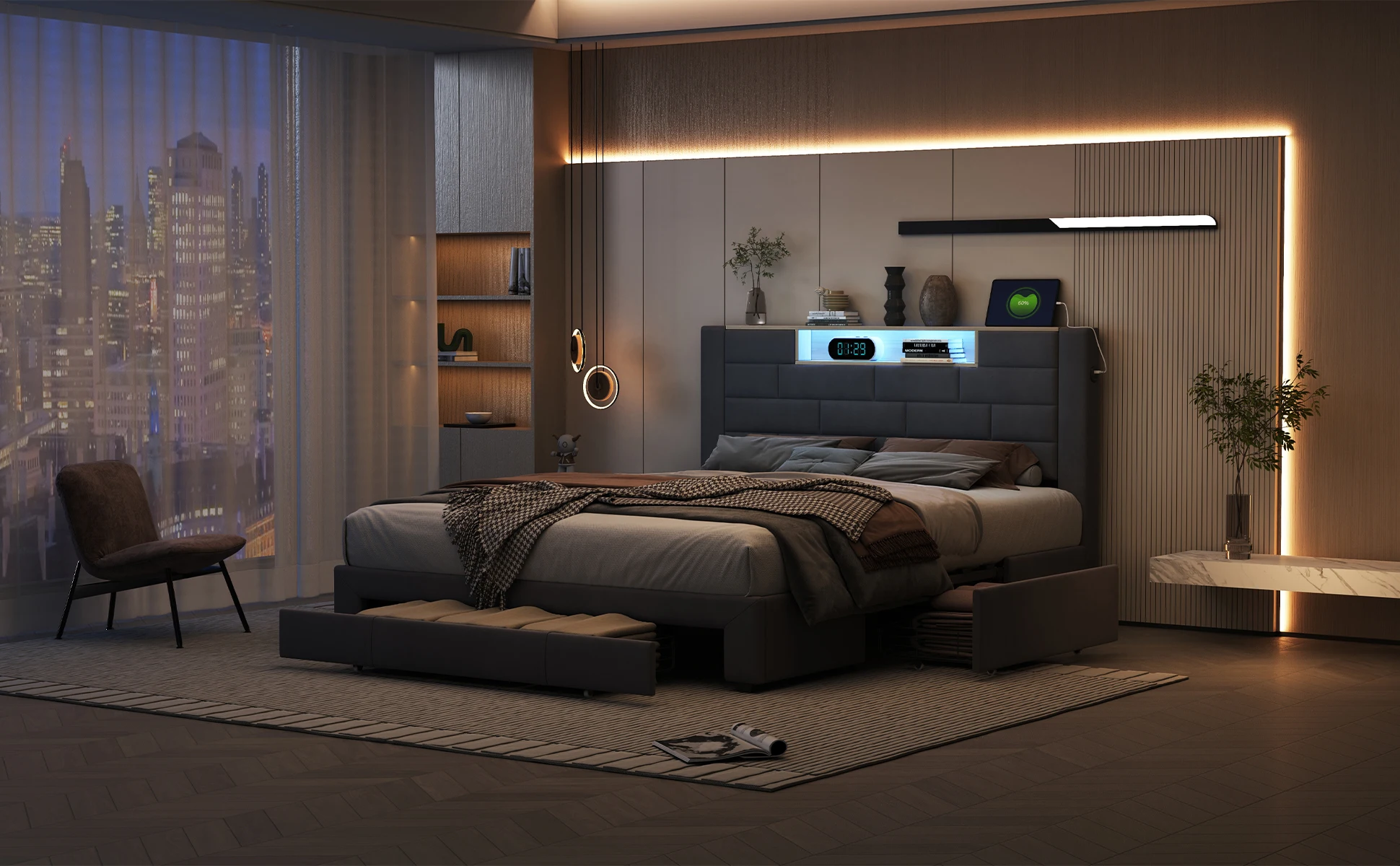 Lazyspace Velvet Double Bed with 3 Storage Drawers,140/160x200cm, Headboard with LED and Charging Port, Wooden Slat Frame