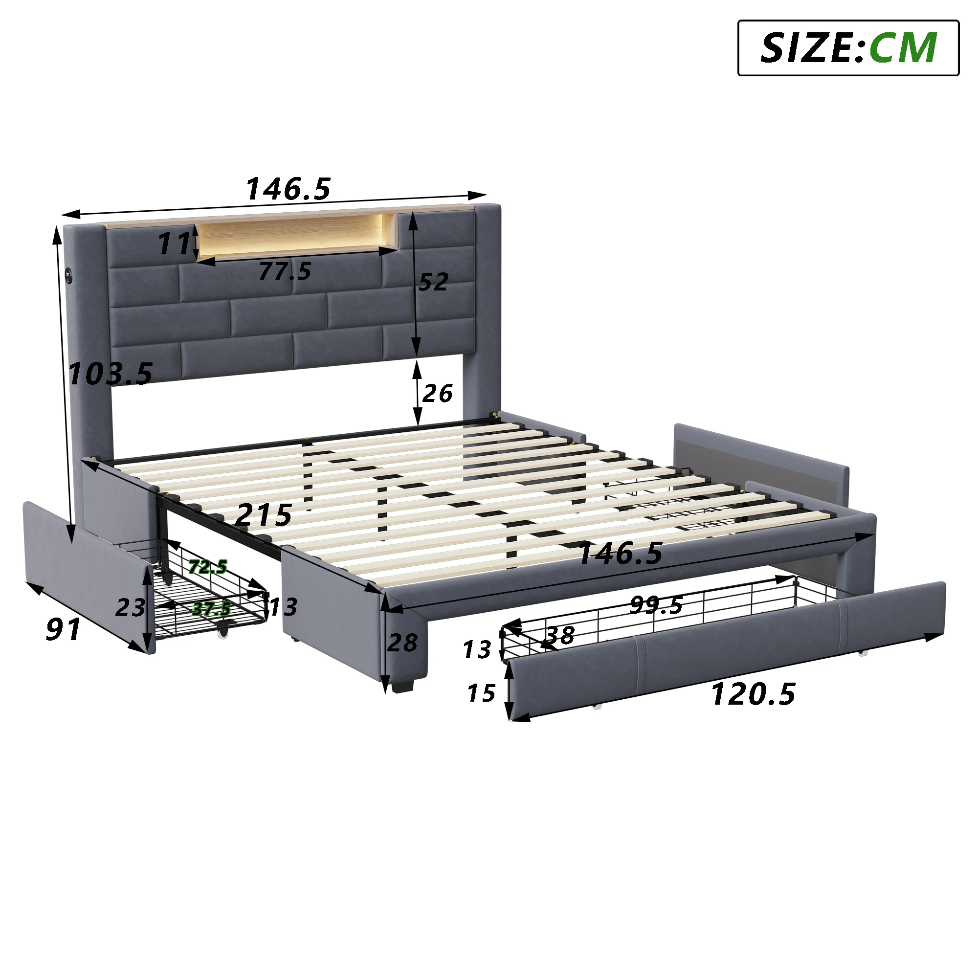 Lazyspace Velvet Double Bed with 3 Storage Drawers,140/160x200cm, Headboard with LED and Charging Port, Wooden Slat Frame