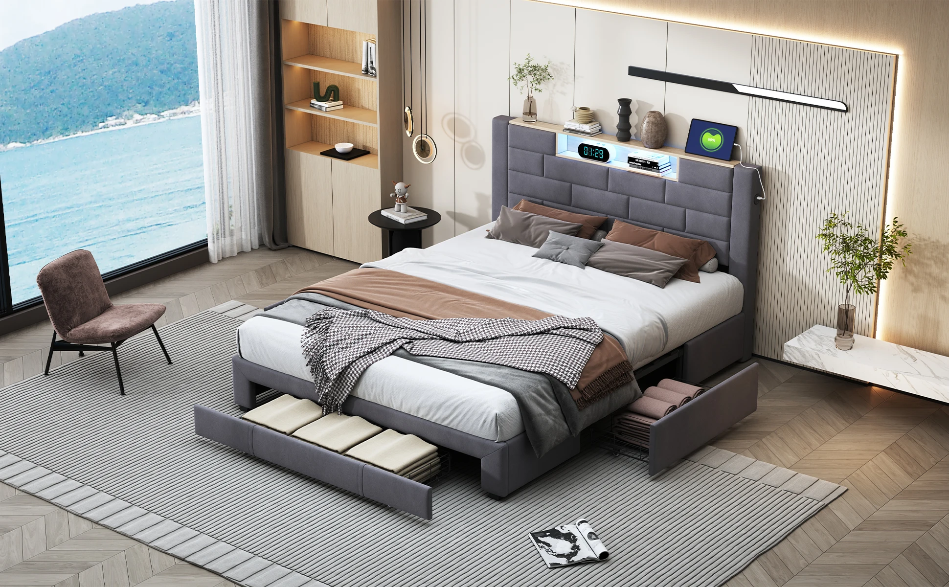 Lazyspace Velvet Double Bed with 3 Storage Drawers,140/160x200cm, Headboard with LED and Charging Port, Wooden Slat Frame