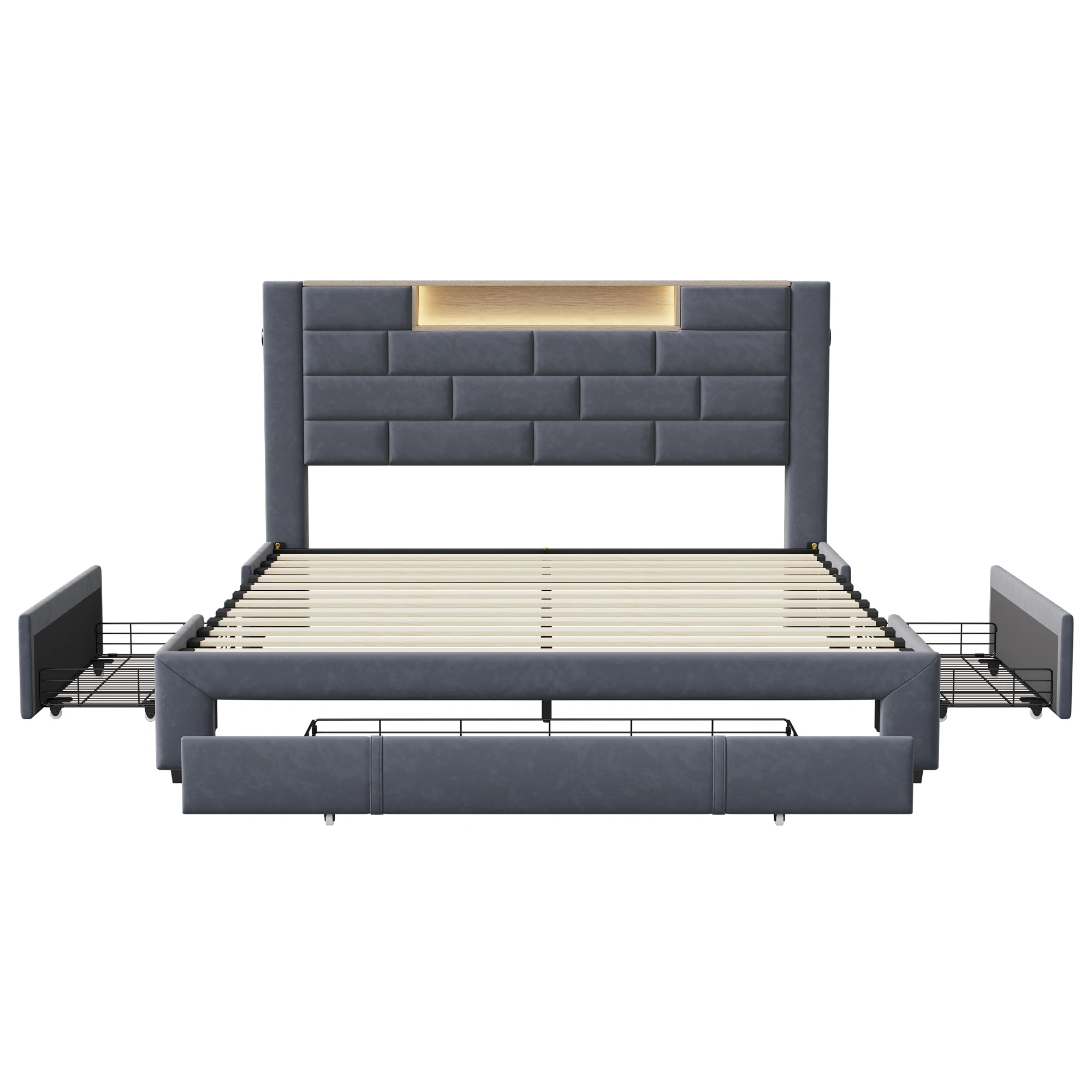 Lazyspace Velvet Double Bed with 3 Storage Drawers,140/160x200cm, Headboard with LED and Charging Port, Wooden Slat Frame