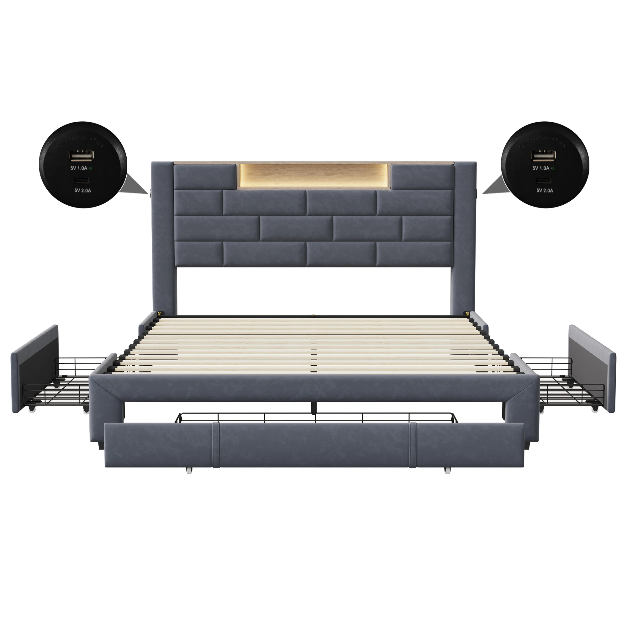 Lazyspace Velvet Double Bed with 3 Storage Drawers,140/160x200cm, Headboard with LED and Charging Port, Wooden Slat Frame