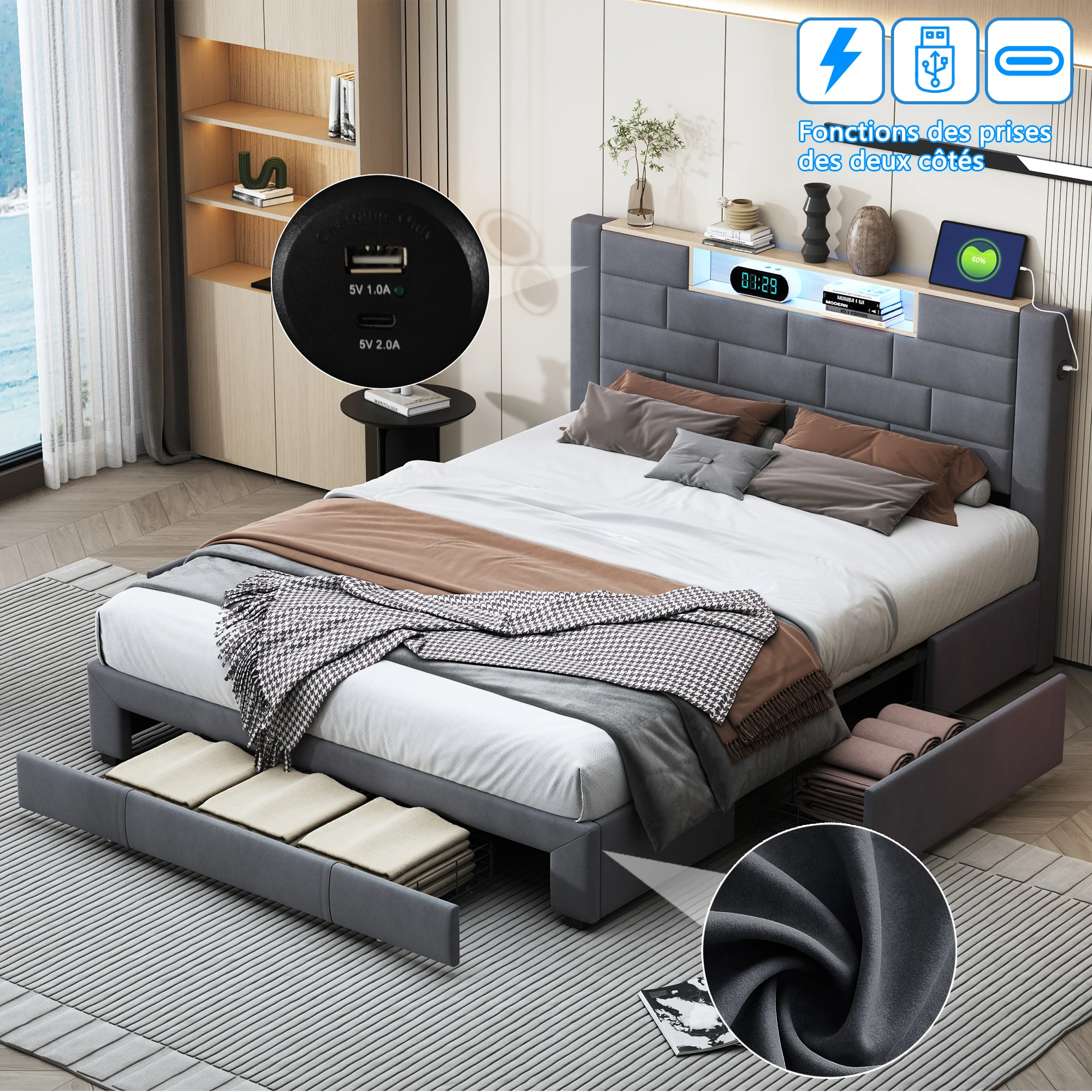 Lazyspace Velvet Double Bed with 3 Storage Drawers,140/160x200cm, Headboard with LED and Charging Port, Wooden Slat Frame