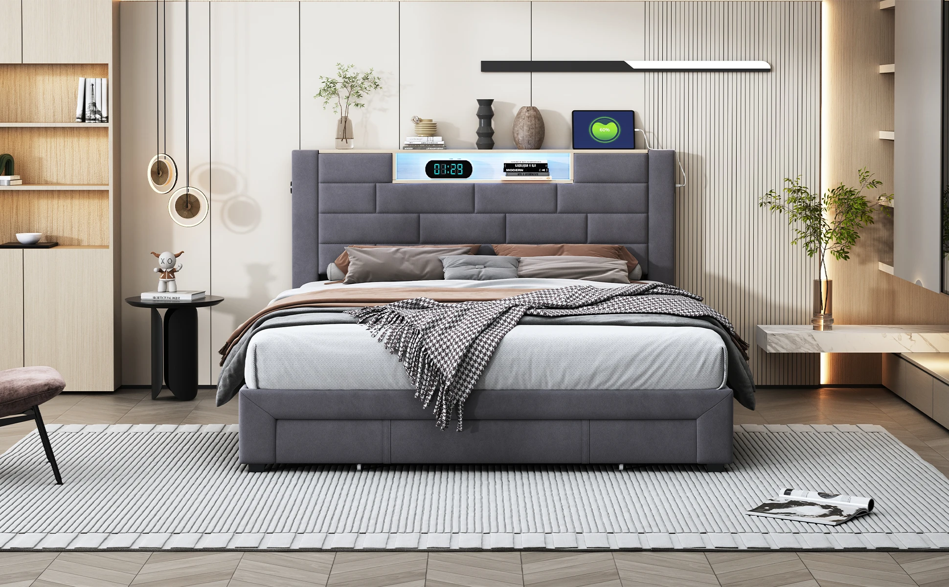 Lazyspace Velvet Double Bed with 3 Storage Drawers,140/160x200cm, Headboard with LED and Charging Port, Wooden Slat Frame