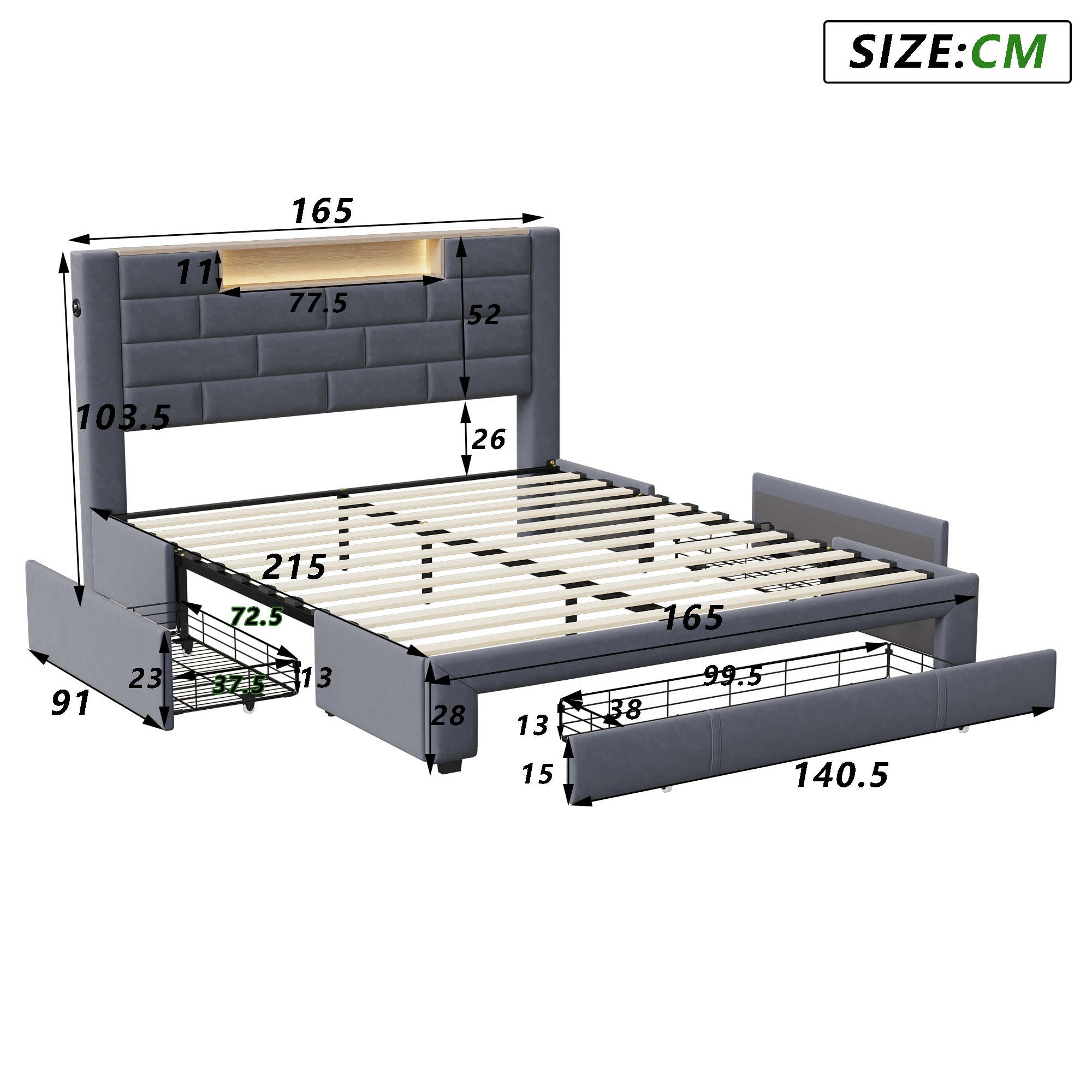 Lazyspace Velvet Double Bed with 3 Storage Drawers,140/160x200cm, Headboard with LED and Charging Port, Wooden Slat Frame
