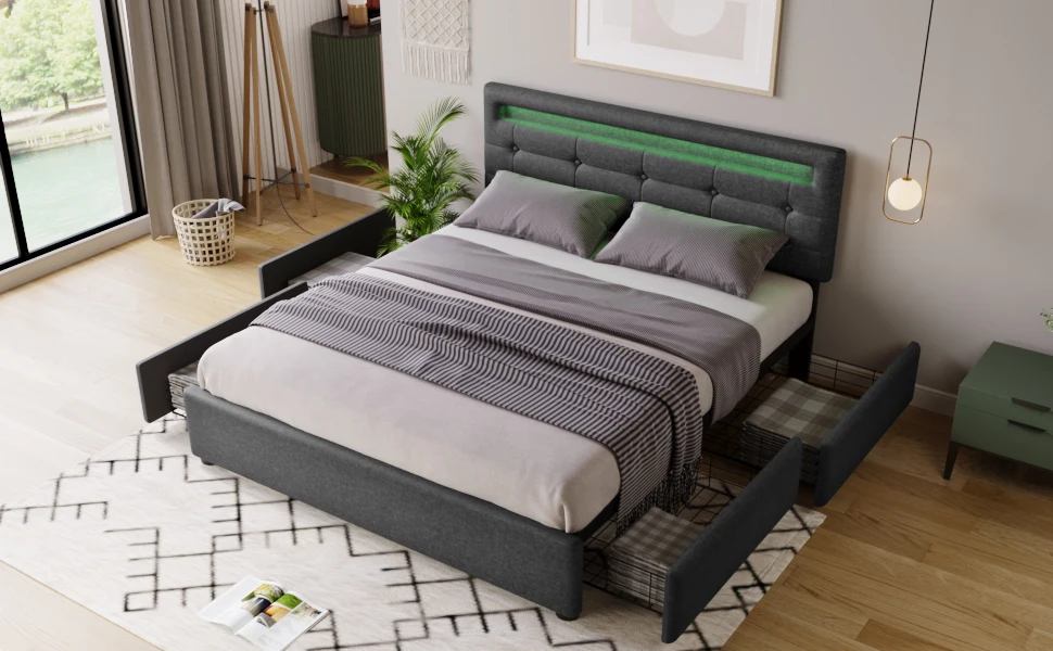 Lazyspace Velvet Double Bed with 3 Storage Drawers,140/160x200cm, Headboard with LED and Charging Port, Wooden Slat Frame