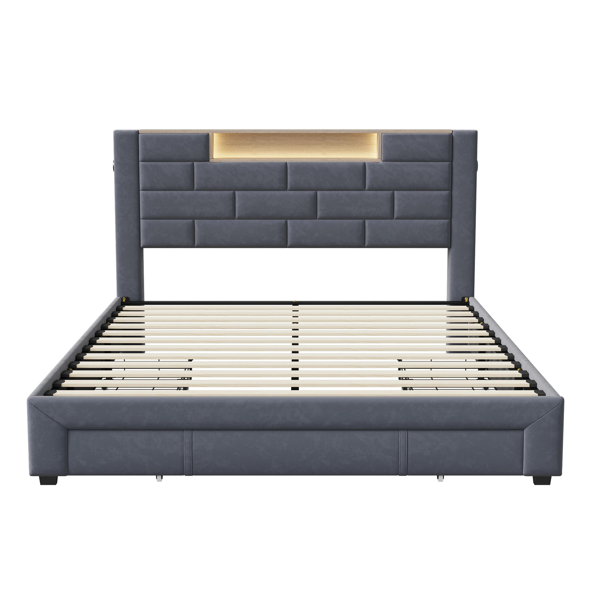 Lazyspace Velvet Double Bed with 3 Storage Drawers,140/160x200cm, Headboard with LED and Charging Port, Wooden Slat Frame